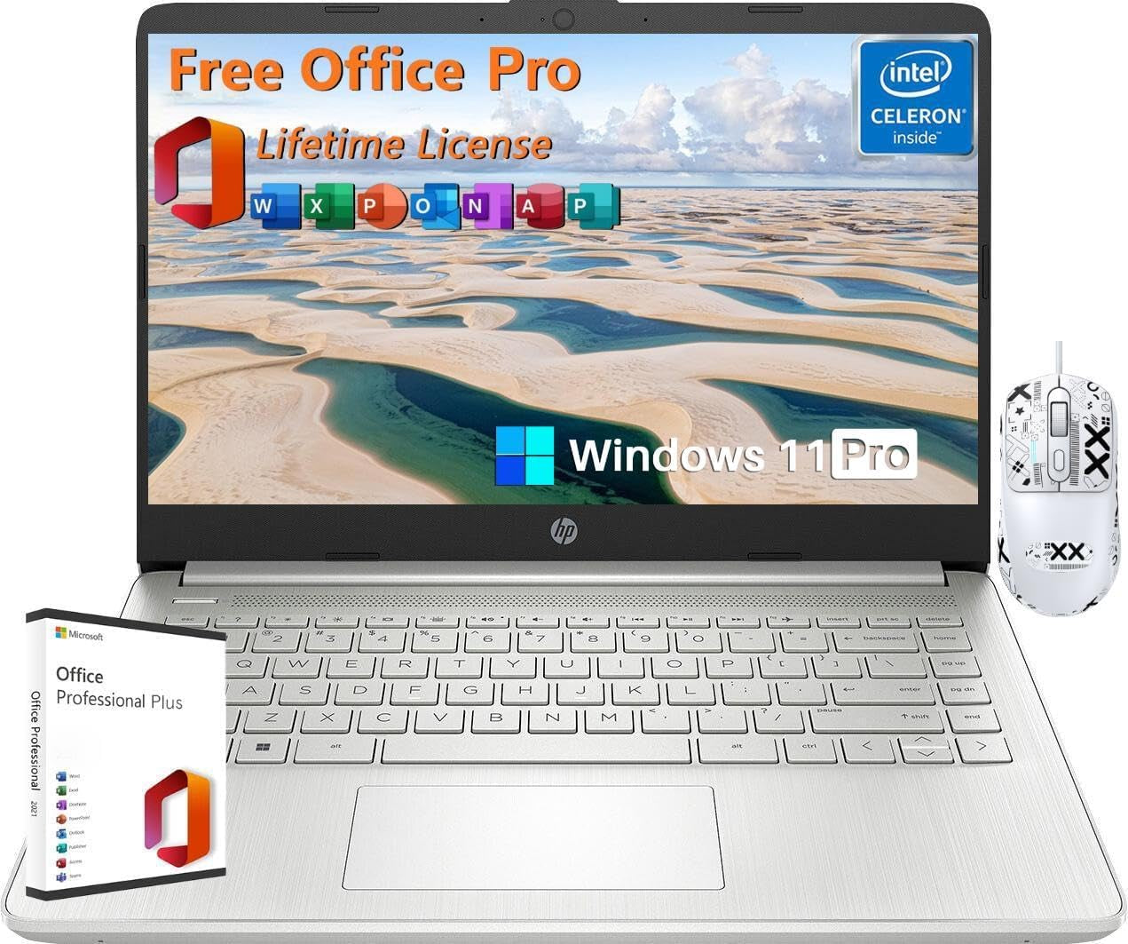 HP 14 Inch Laptop Student Business, with Office Lifetime License & Windows 11 Pro, Intel Dual-Core N4120, 16GB RAM, 384GB Storage(128Gb Emmc+256Gb MSD), Ultra Light, Webcam, Wifi, Accessories