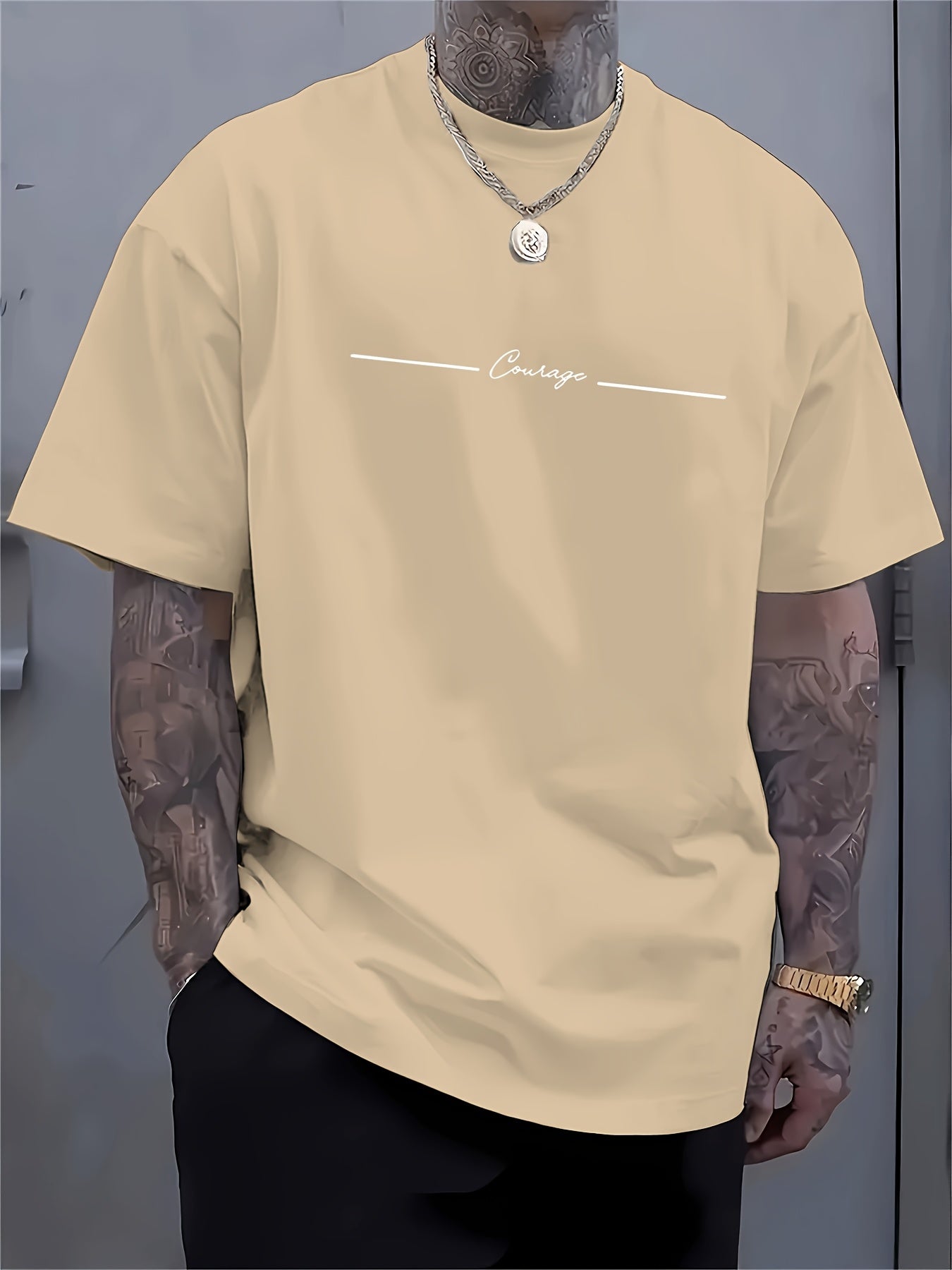 Men'S Casual Crew Neck T-Shirt with Trendy English Print, 95% Polyester 5% Elastane, Slight Stretch Knit Fabric, Regular Fit, Summer Wear - MBDMBD