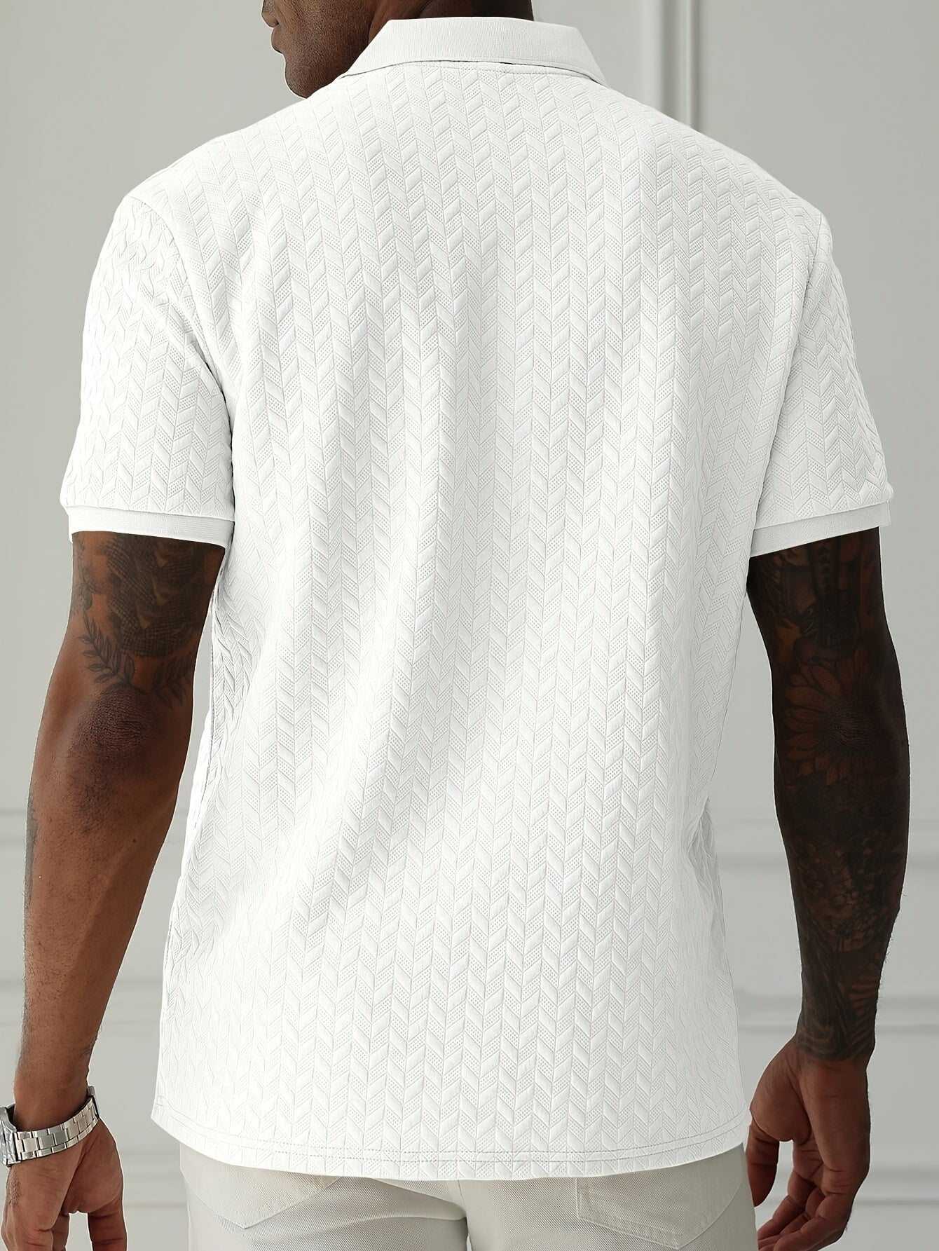 Men'S Casual Black Short Sleeve Polo Shirt with Textured Diamond Pattern - Polyester, Button-Up, Regular Fit for Summer, Casual Attire|Textured Pattern Shirt|Polyester Fabric
