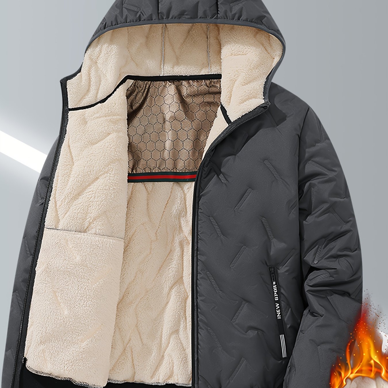 Men's Casual Winter Jacket - Thick Fleece-Lined, Windproof Hooded Coat with Embossed Design, Zip-Up, Solid Color