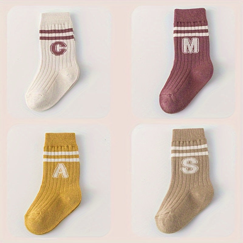 4 Pairs of N-Letter Knitted Pattern Socks, Thin Socks for Spring and Summer, Cotton Blend Comfortable Breathable Soft Mid-Calf Socks, Breathable Mid-Calf Socks