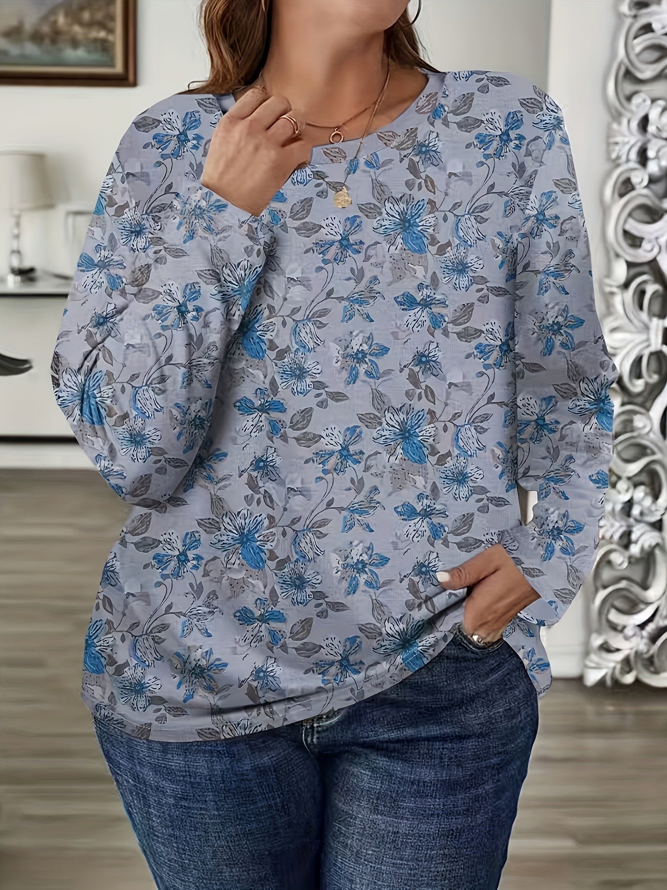 1pc Elegant Plus Size Floral Print Long Sleeve T-Shirt, Casual Crew Neck Polyester Top with Slight Stretch, All-Season Knit Fabric Blouse