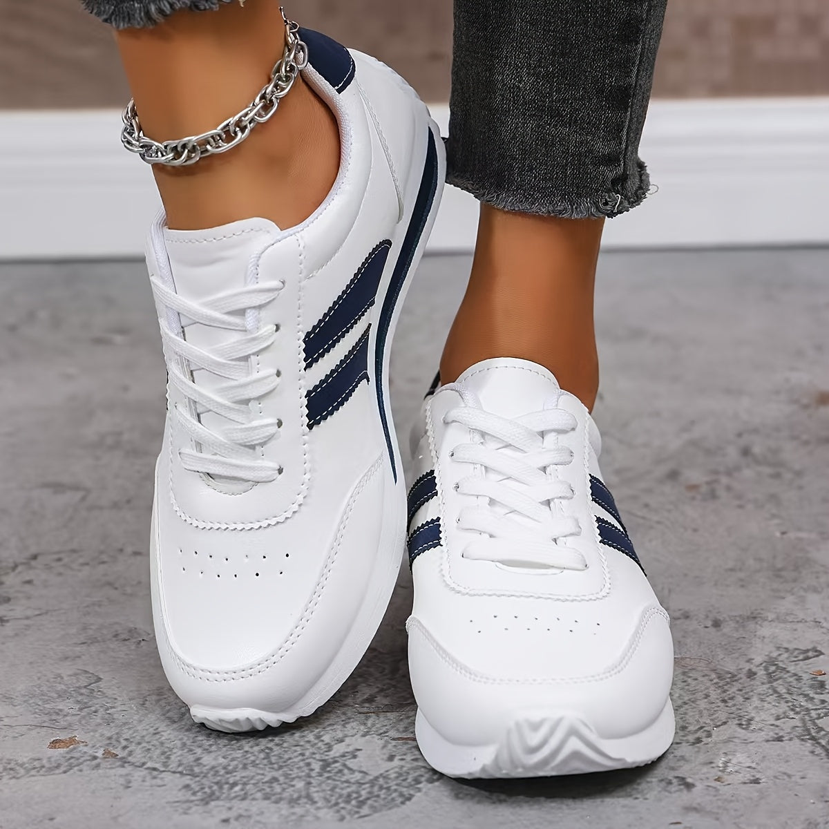 Women's Lightweight Fashion Sneakers - Comfortable, Non-Slip, Lace-Up Casual Sneakers with Cushioned Insole, White & Blue Striped Design, Low-Top EVA Sole for All-Day Wear, Casual Sneakers | Lowtop Sneakers | Laceup Closure