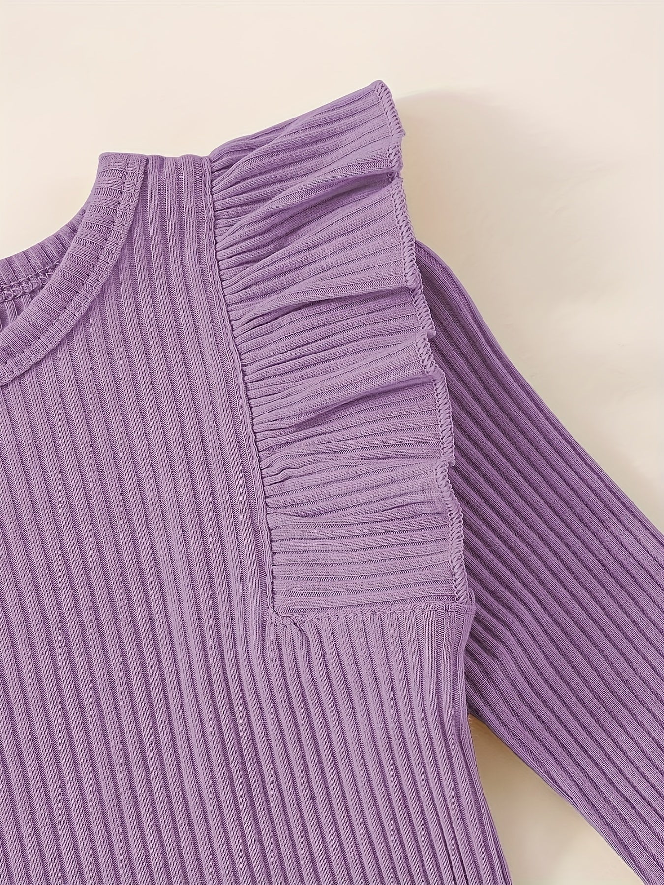 3pcs Baby Girl Outfit Set, Cute Ribbed Ruffle Long Sleeve Romper & Pants, 95% Cotton 5% Spandex, Crew Neck Pullovers, Solid Color, Regular Fit, No Belt, Fall/Winter Knit Fabric, 0-18 Months, for Outdoor