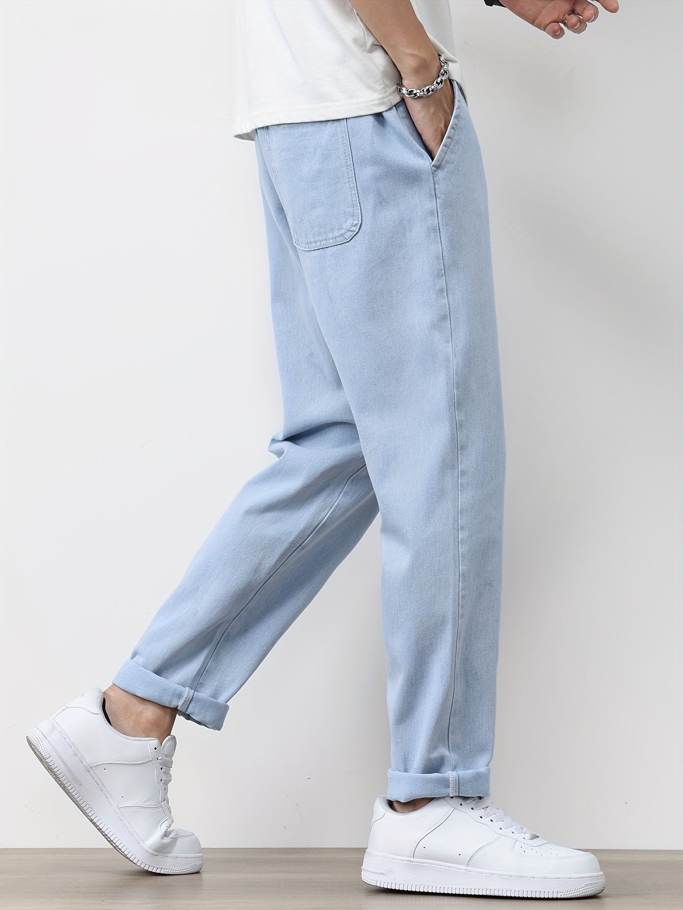 Men's Solid Washed Denim Trousers With Pockets, Causal Drawstring Cotton Blend Barrel Jeans For Outdoor Activities