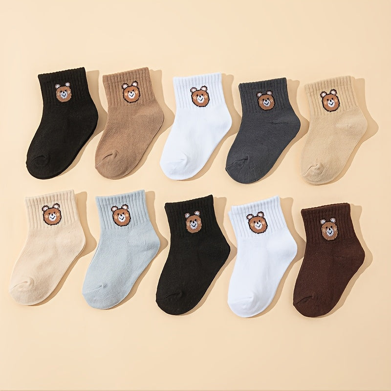 10 Pairs of Cute Little Bear Casual Short Elastic Mid-Calf Socks, Suitable for Newborns And Toddlers, Both Boys And Girls, Perfect for All Seasons.