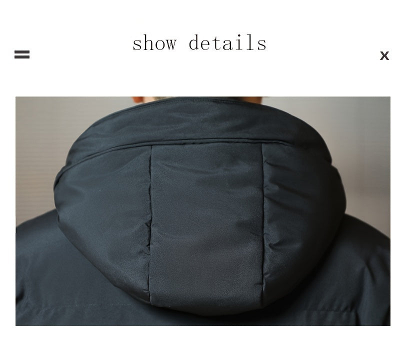 Men's Winter Hooded Padded Jacket, Thickened Loose Fit Solid Color Zip-Up Padded Coat, Warm & Stylish Men's Outerwear
