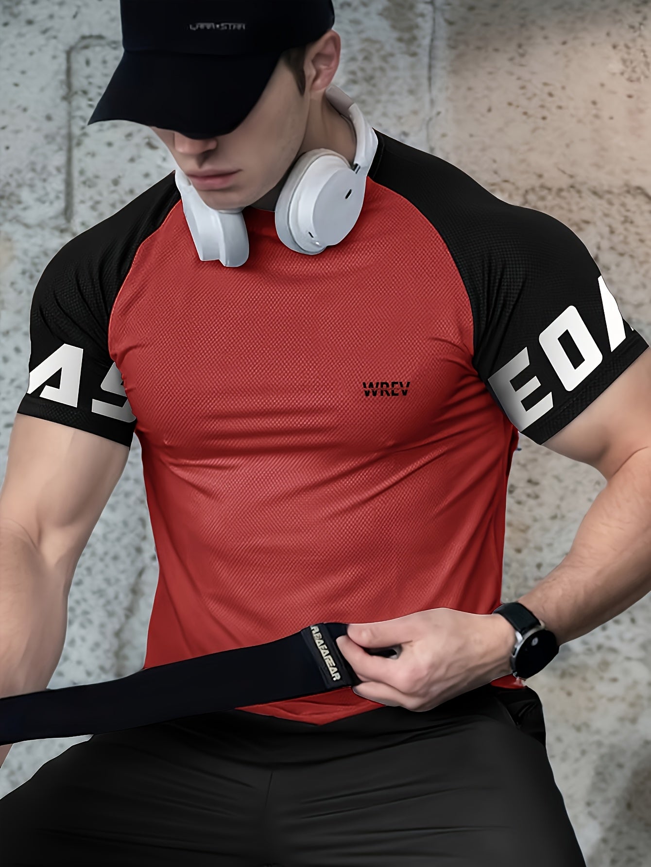 Men's Quick-Dry Breathable Mesh Sports T-Shirt - Summer Gym Workout Top with Contrast Black White Sleeves for Man Letter Print, Slim Fit for Running Training Casual Wear, Breathable Running Gear Sporty Casual Tee Mesh