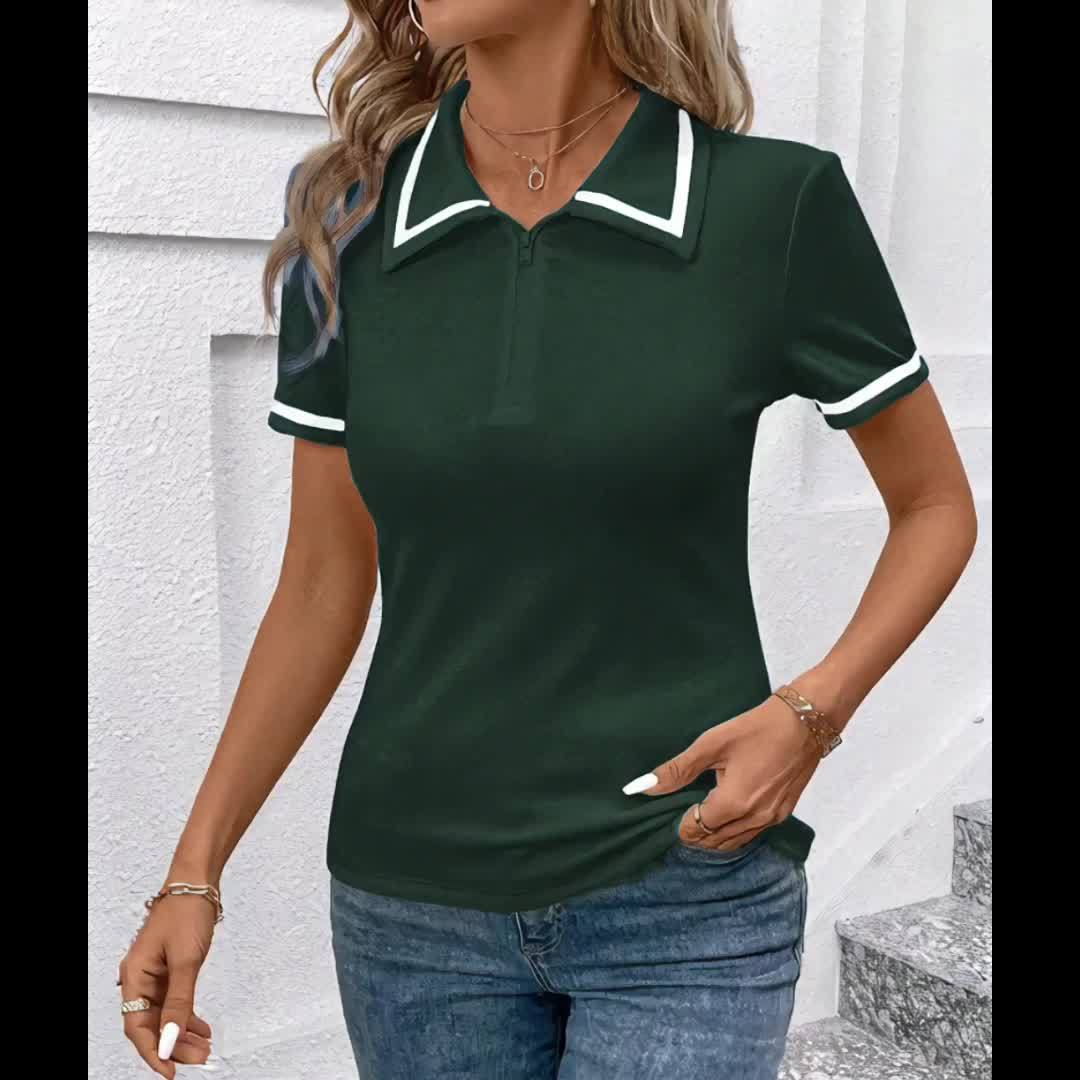 Women's Elegant Black Shirt with White Collar & Cuff Detail - Short Sleeve, Zippered, Stretchy Polyester-Spandex Blend, Machine Washable, Perfect for Casual or Professional Outfits