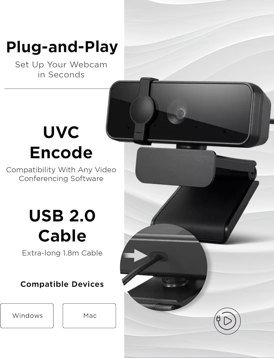 Lenovo Essential Full HD 1080P Webcam, Dual Microphone, No Driver 1.8M USB 2.0, Wide-Angle, Tilt-Control, 360-Degree Rotation, Black