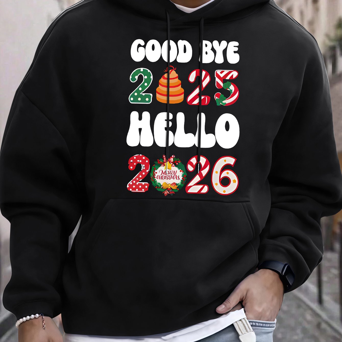 Men'S Casual Hooded Sweatshirt with "Goodbye 2025 Hello 51.46meter Print - Pullover with Colorful Lettering, Regular Fit, Winter Warmth, Casual Wear Hoodie|Casual Style Hoodie|Comfortable Fit Hoodie