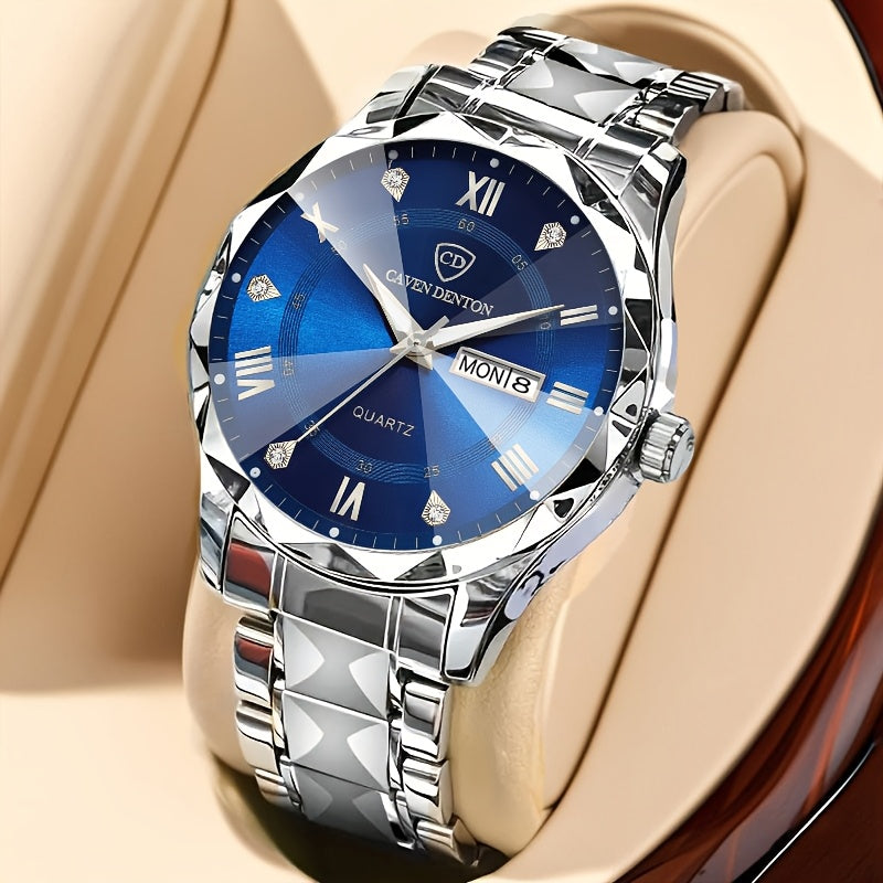 Men'S Quartz Business Watch with Rhinestone-Embellished Luminous Dial, Stainless Steel Strap & Case, Date & Day Display, IPX7 Water-Resistant - Ideal for Travel, Work, Outdoor - Perfect Gift for Birthdays, Holidays, Anniversa