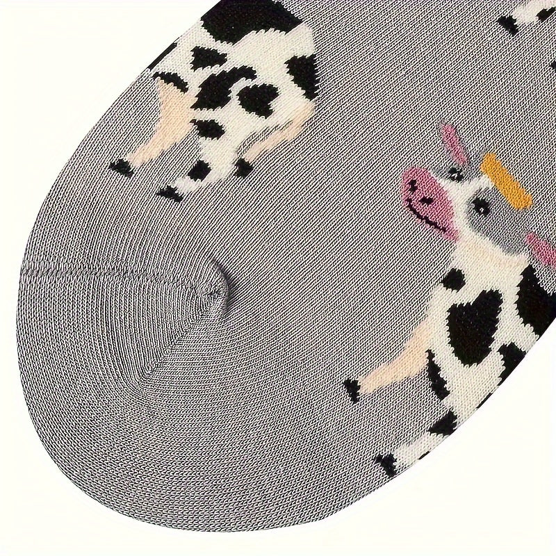 1 Pair Unisex Couple'S Knee-Length Socks, Grey Cow Print, 100% Polyester Knit Fabric, Animal Pattern, Hand Wash/Dry Clean