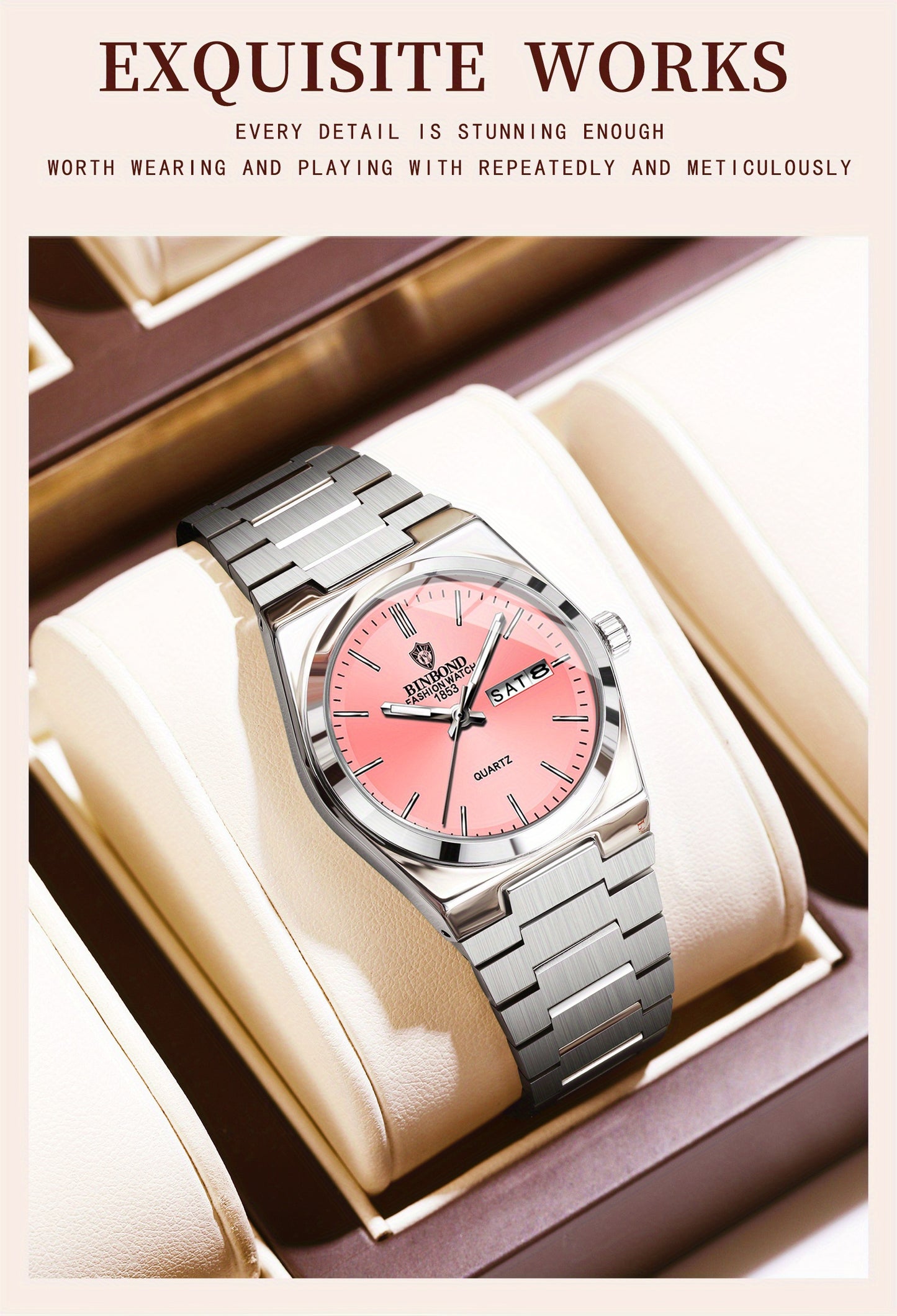 BINBOND Women'S Fashion Watch, Double Calendar, Quartz Movement, Stainless Steel Band, Round Case, Ideal for Daily Wear & Gifting, Stylish Accessory|Minimalist Design|Durable Watch