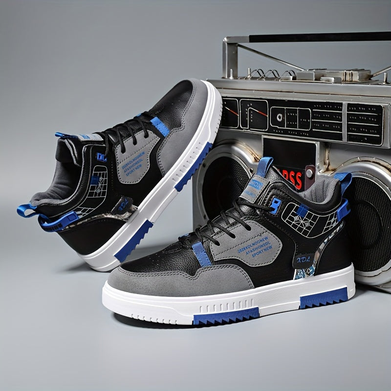 Men's Skate Shoes with Good Grip Breathable Design - PU Upper, Cushioned PVC Sole, Black/Blue Letter Pattern Lace-Up Sneakers for All-Season Casual Sports Wear, Allseason Shoes Modern Casual Shoes Comfortable Wear