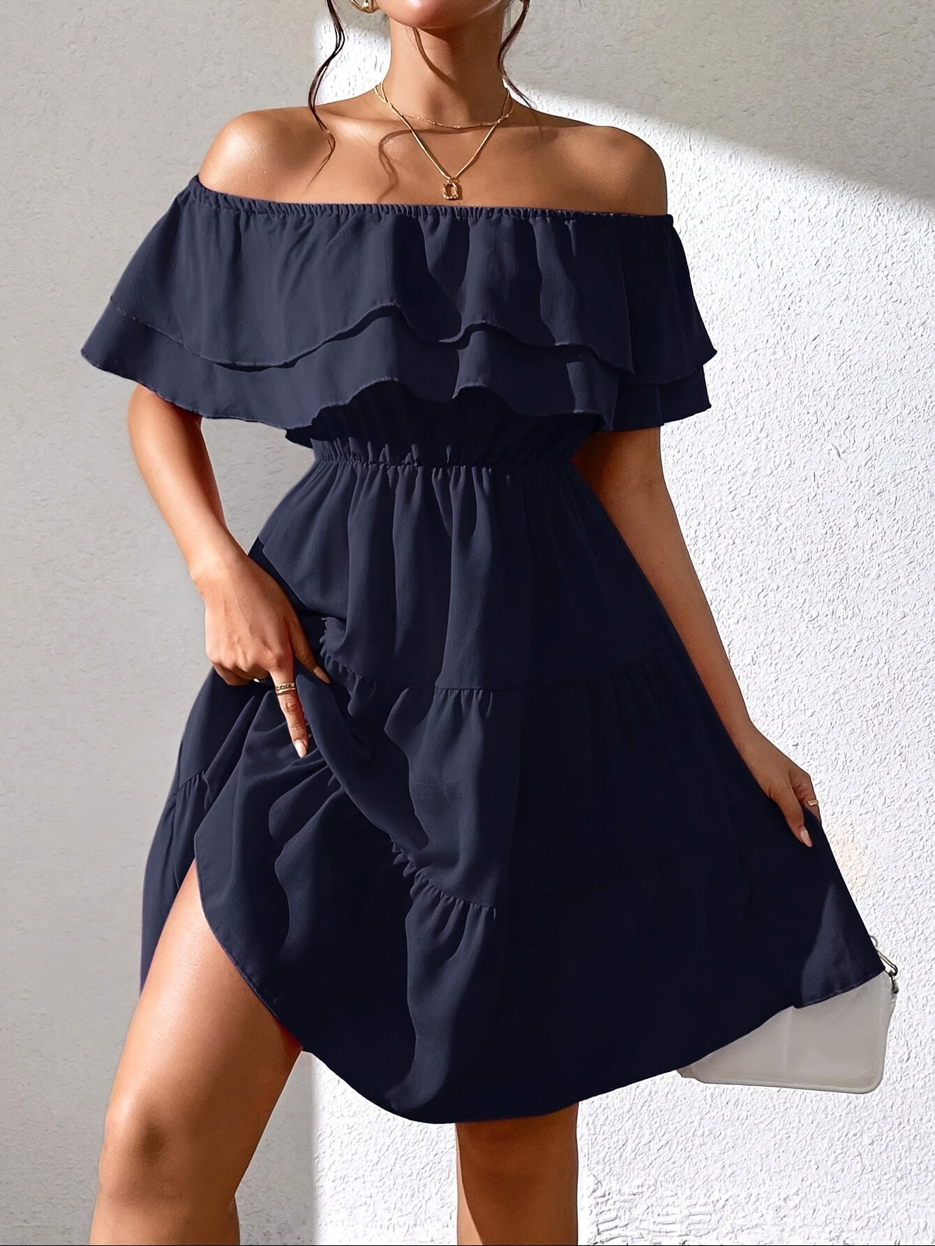 Women'S Off the Shoulder Ruffle Hem Casual Dress, Polyester 100%, Solid Color, Fitted, Woven, for All Seasons