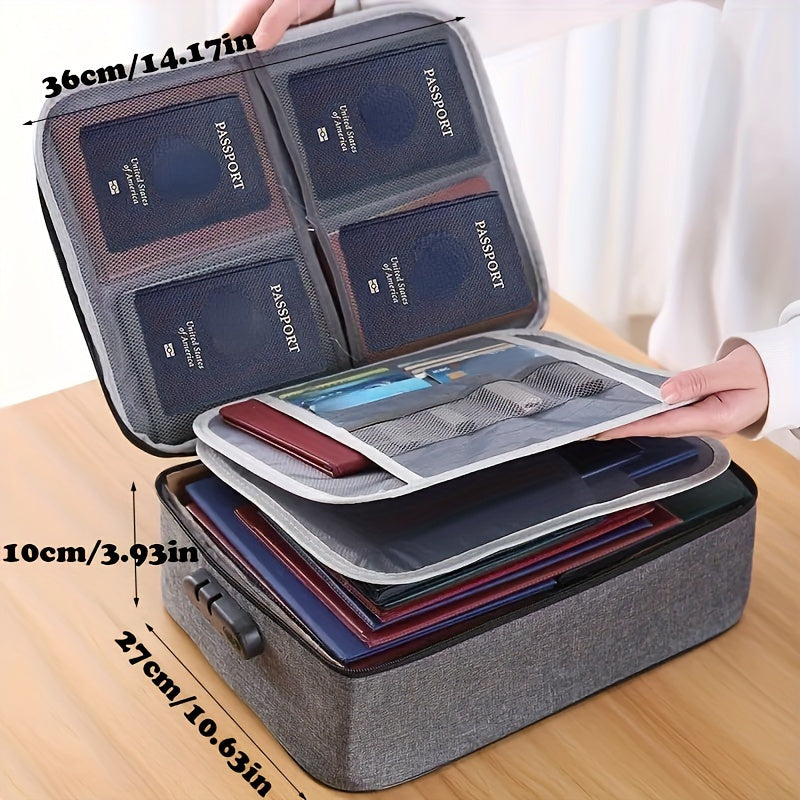 1pc Synthetic Leather Document Bag with Combination Lock, 3-Layer Water-Resistant Zipper File Storage Case, Portable Travel Home Organizer for Laptop, Files, Certificates - Office Essentials, Travel Document Organizer | Porta