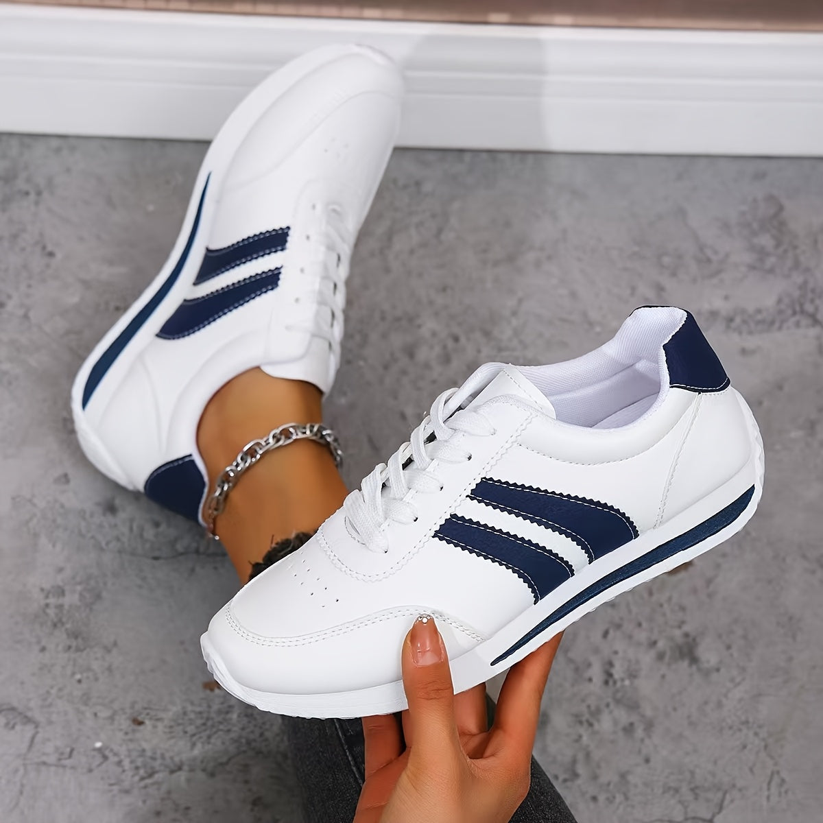 Women's Lightweight Fashion Sneakers - Comfortable, Non-Slip, Lace-Up Casual Sneakers with Cushioned Insole, White & Blue Striped Design, Low-Top EVA Sole for All-Day Wear, Casual Sneakers | Lowtop Sneakers | Laceup Closure