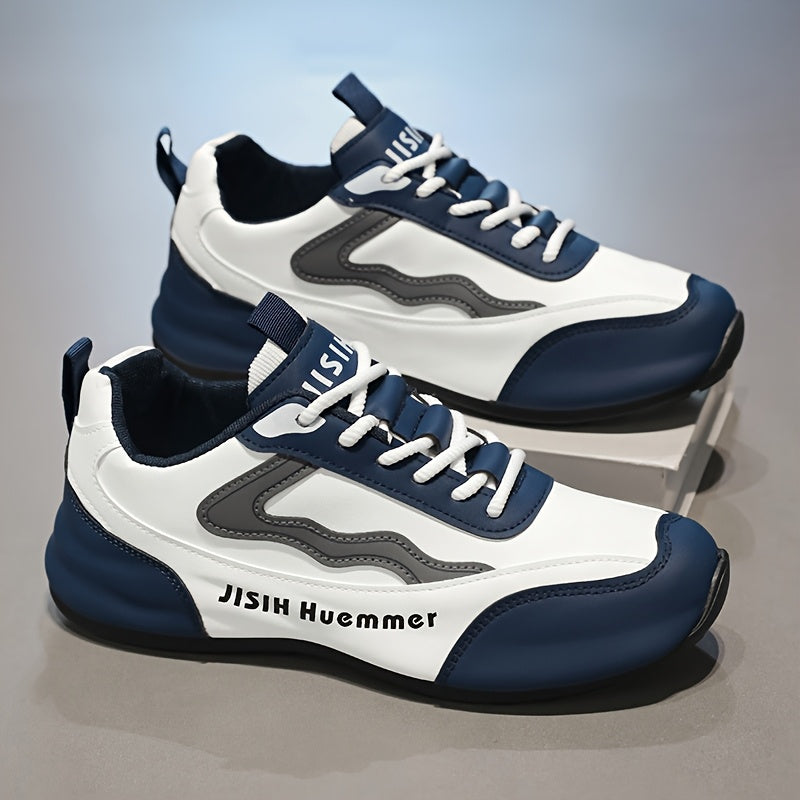 Men's Breathable Color-Block Low-Top Running Shoes - White Navy Blue Contrast Design, Durable PU Upper PVC Sole, All-Season Non-Slip Traction for Gym, Jogging, Casual Wear, Jogging Footwear Sporty Look Fabric Lined In
