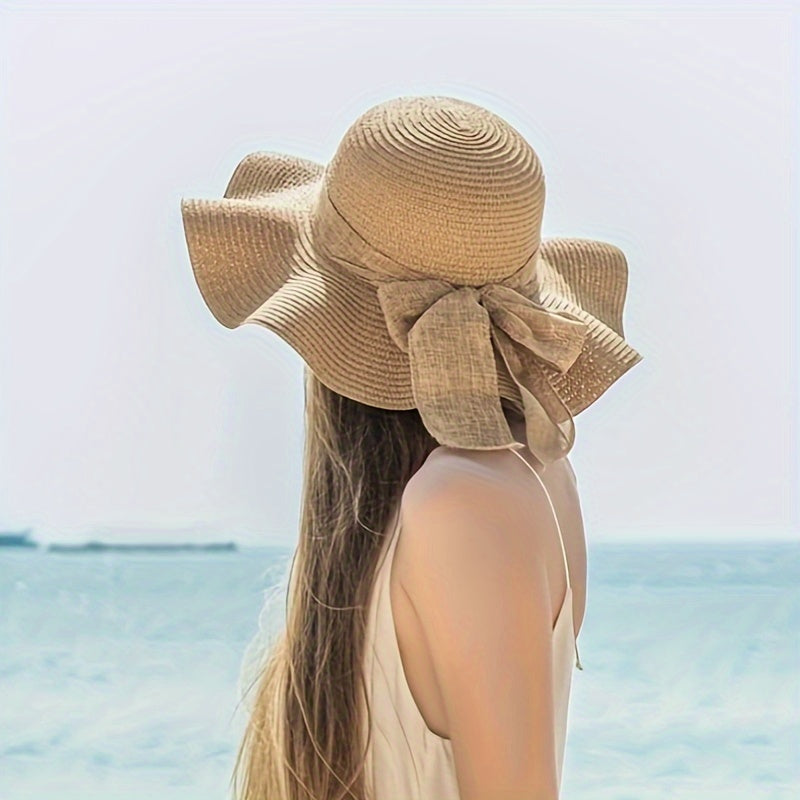 2pcs Women's Khaki Wave Beach Sun Hat & Woven Shoulder Bag Combo - Stylish Ruffled Brim Design, Lightweight & Breathable for Spring/Summer Beach Vacations and Outdoor Activities, Beach Accessories