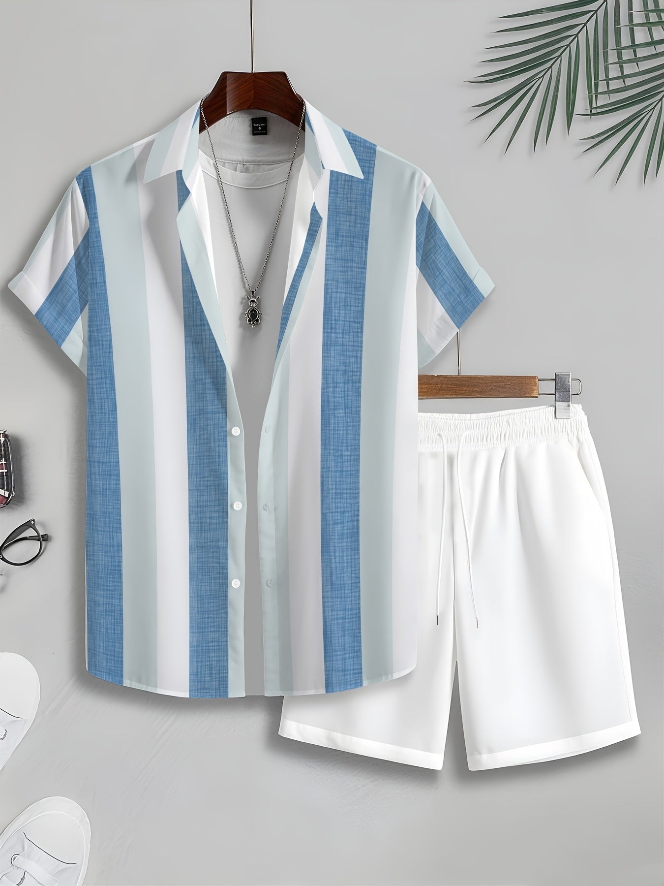 Men's Blue White Vertical Stripe Short Sleeve Shirt & Shorts Set