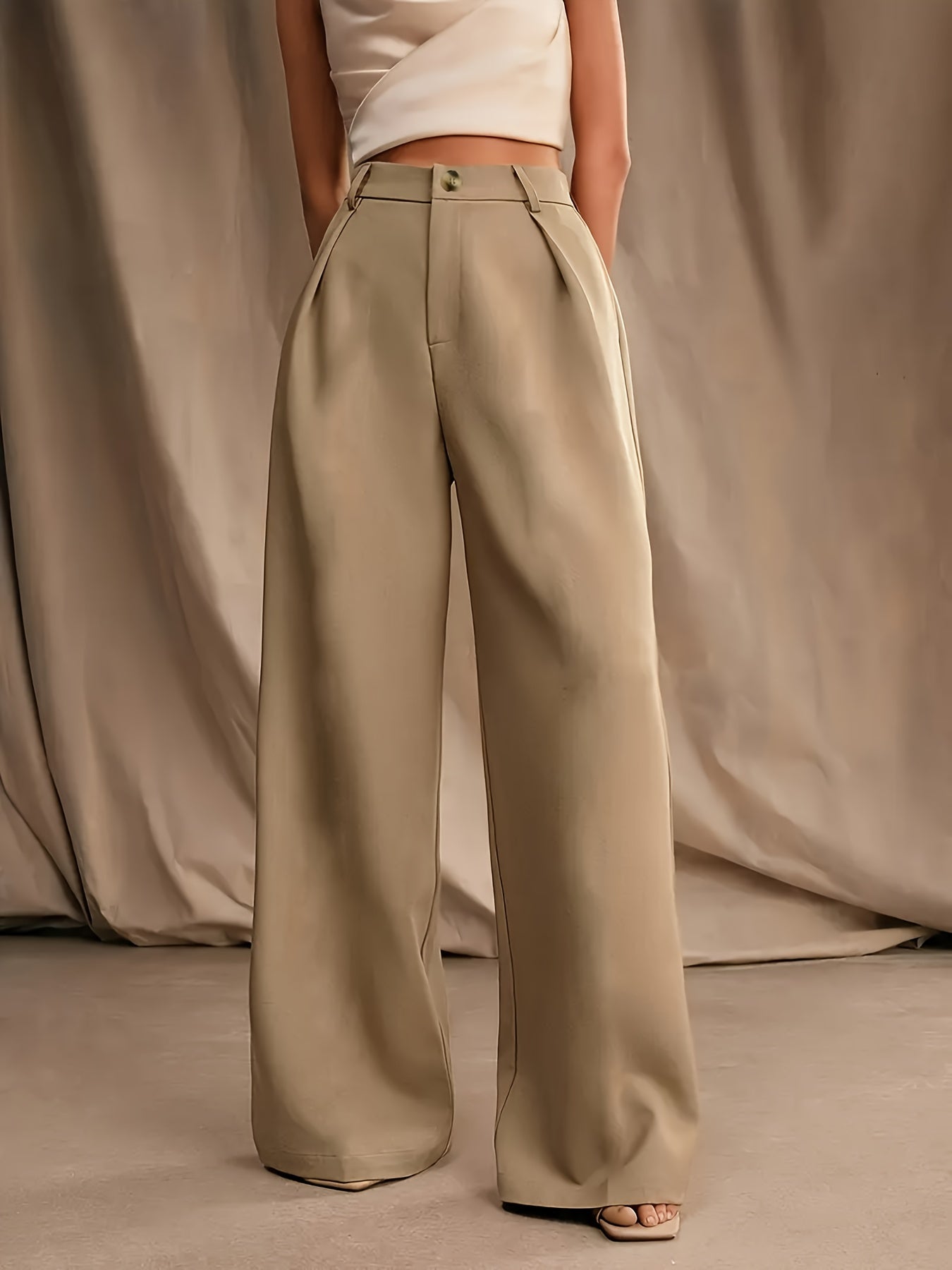 Women's Plus Size Elegant Straight-Leg Pants - High-Rise Beige Polyester Blend with Button Details, Non-Stretch & Smooth Fabric for Spring/Summer, Spring Summer Wear | Buttondown Front | Tailored Fit, Cute Pants