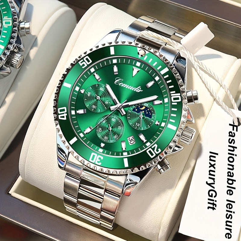 1pc New Fashion Stainless Steel Luxury Quartz Watch, High-end, Casual, Round Dial, Multi-scale, Night Light, Date Display, with Birthday, Holiday, Anniversary, for Men, Travel, Party