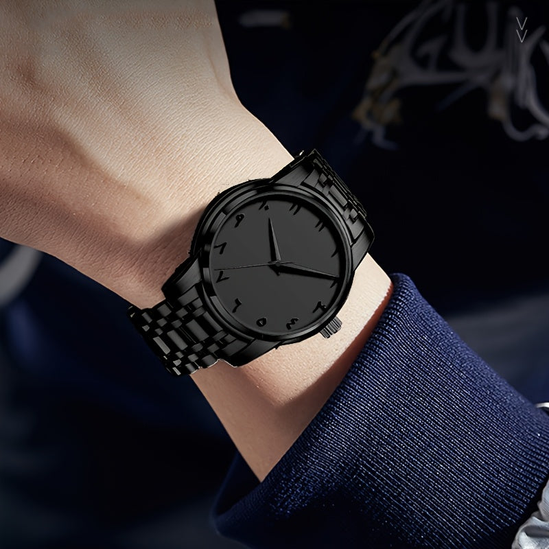 Men's Casual Arabic Numerals Quartz Watch - Scratch-Resistant HD Dial, IPX7 Waterproof, Stainless Steel Strap, Black & Golden Accents - Perfect Gift for Birthdays, Holidays & Family Reunions, Reliable Timepiece, Contemporary