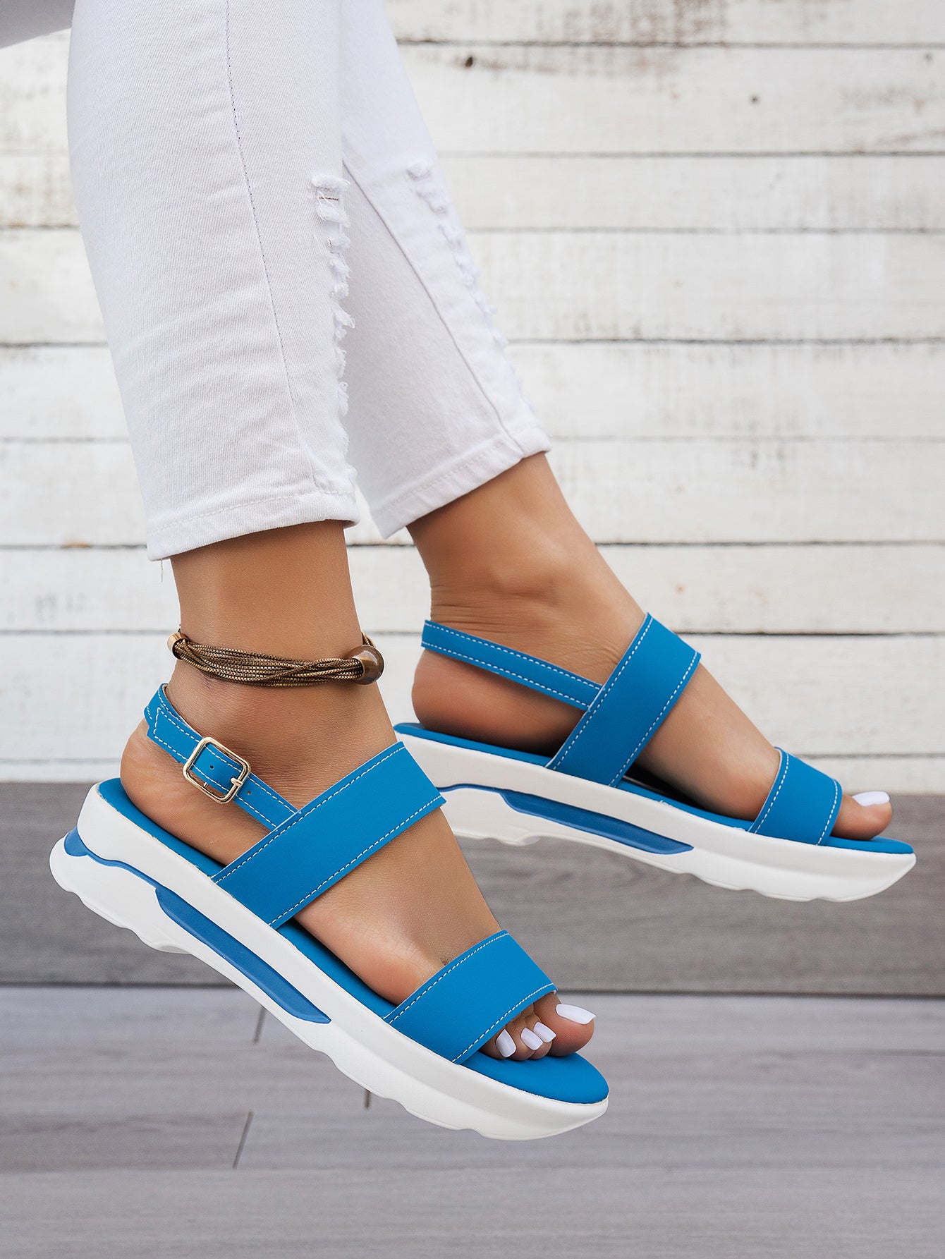 Mhysa Women's Comfortable Open-Toe Platform Sandals with Thick Sole & Golden Buckle Strap - Summer Casual White PU Cover Ankle Strap Sandals for Casual Attire, Ladies Sandals