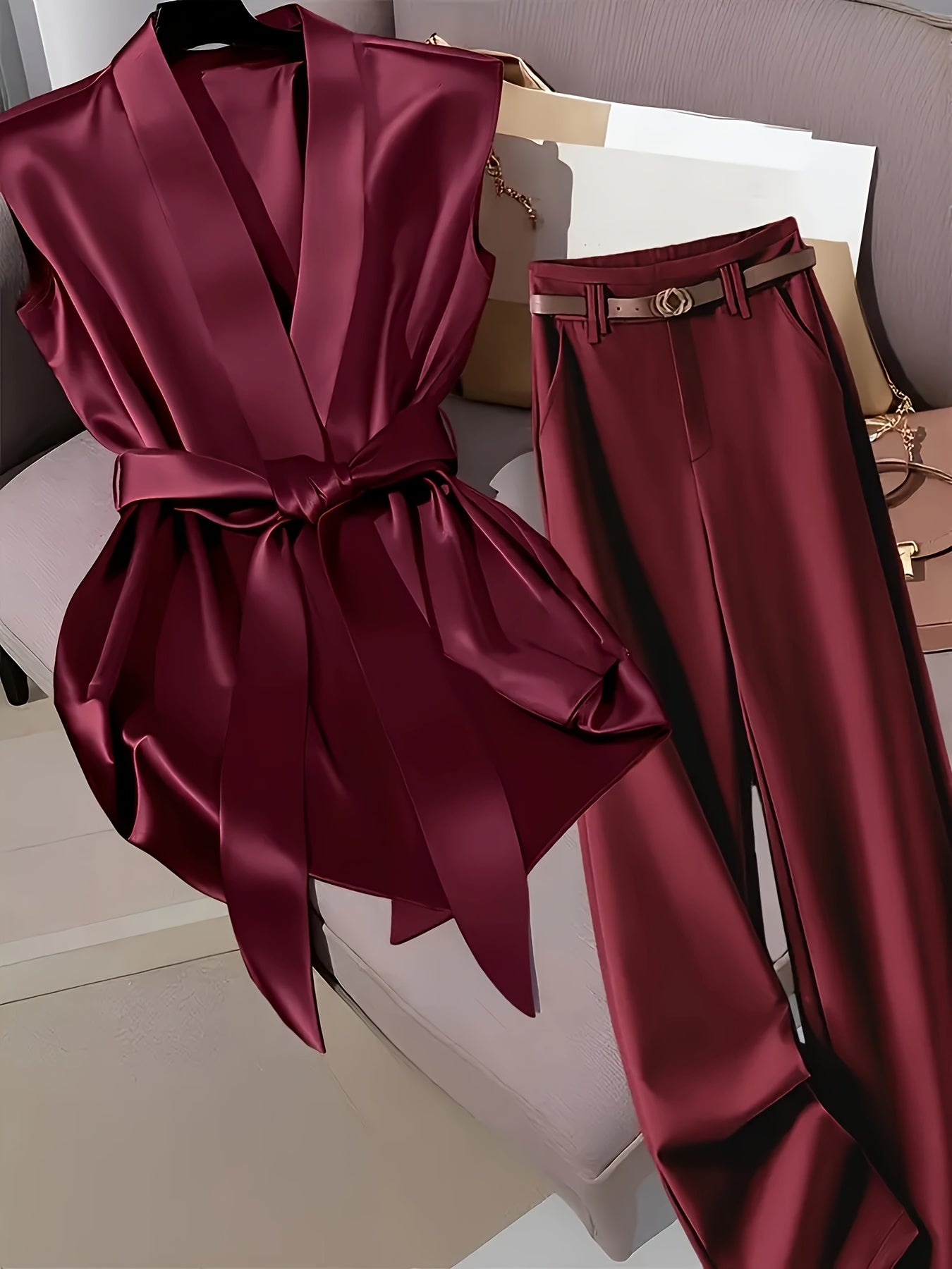 Elegant Navy Blue Satin Sleeveless Blouse & Wide-Leg Pants Set - Chic Belted Waist, High-Waisted Design, Smooth Texture, Perfect for Casual or Formal Occasions, Formal Attire | Belted Waist Blouse | Glossy Finish