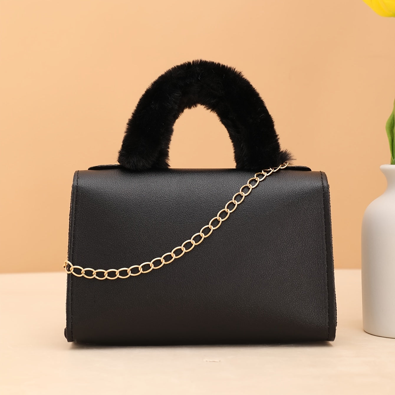 1pc Elegant Crossbody Bag with Soft Plush Handle, Solid Color Casual Messenger Bag with Removable Strap and Turn-Lock Closure for Daily Use, Small Crossbody Bag