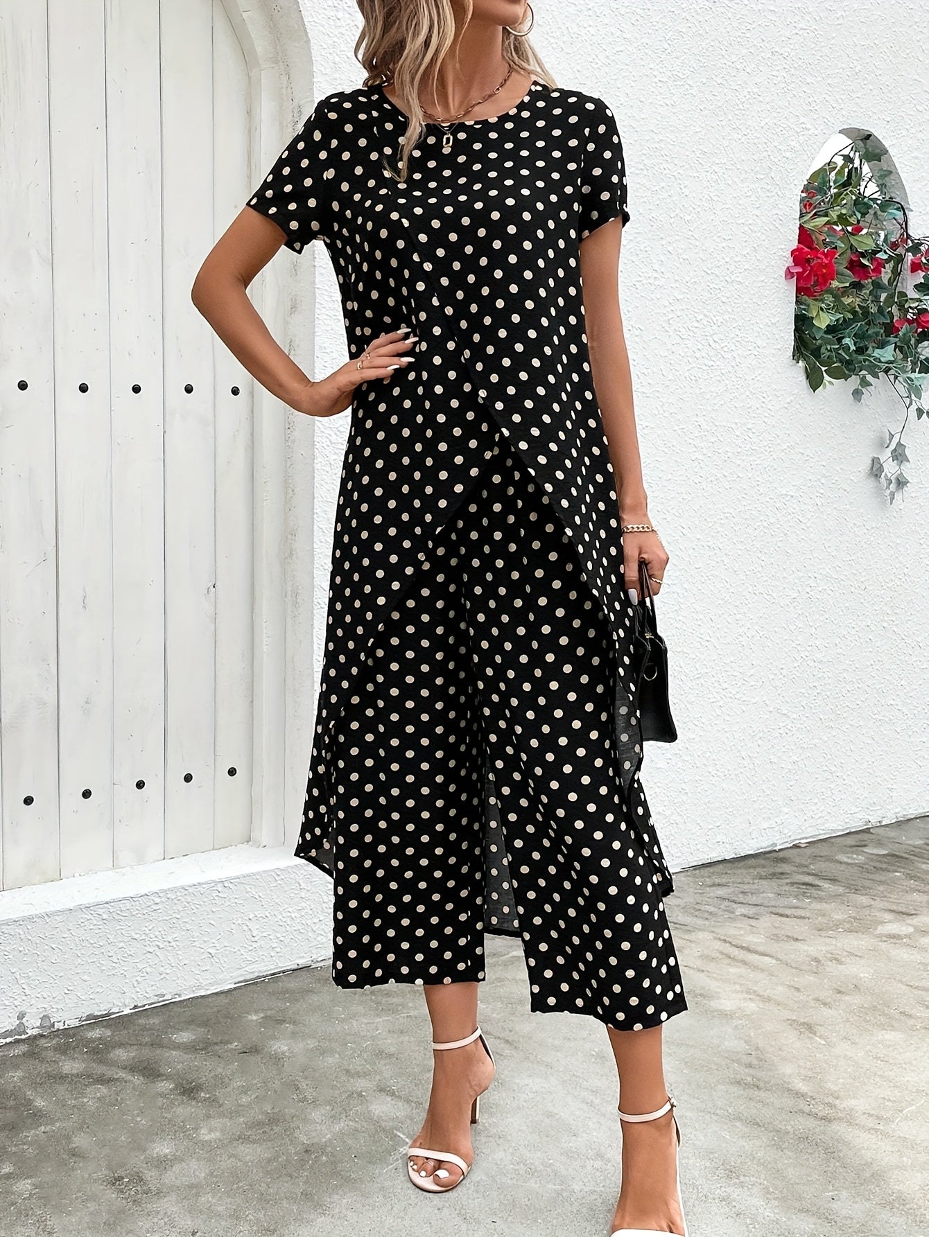 Chic Black & White Polka Dot Cross-Front Short Sleeve Maxi Robe and Pants Set - Elegant Summer Outfit for Women, Crew Neck, Non-Stretch Fabric with Asymmetrical Detail, Plus Size Friendly, Casual Elegance Wear | Polka Dot Pat