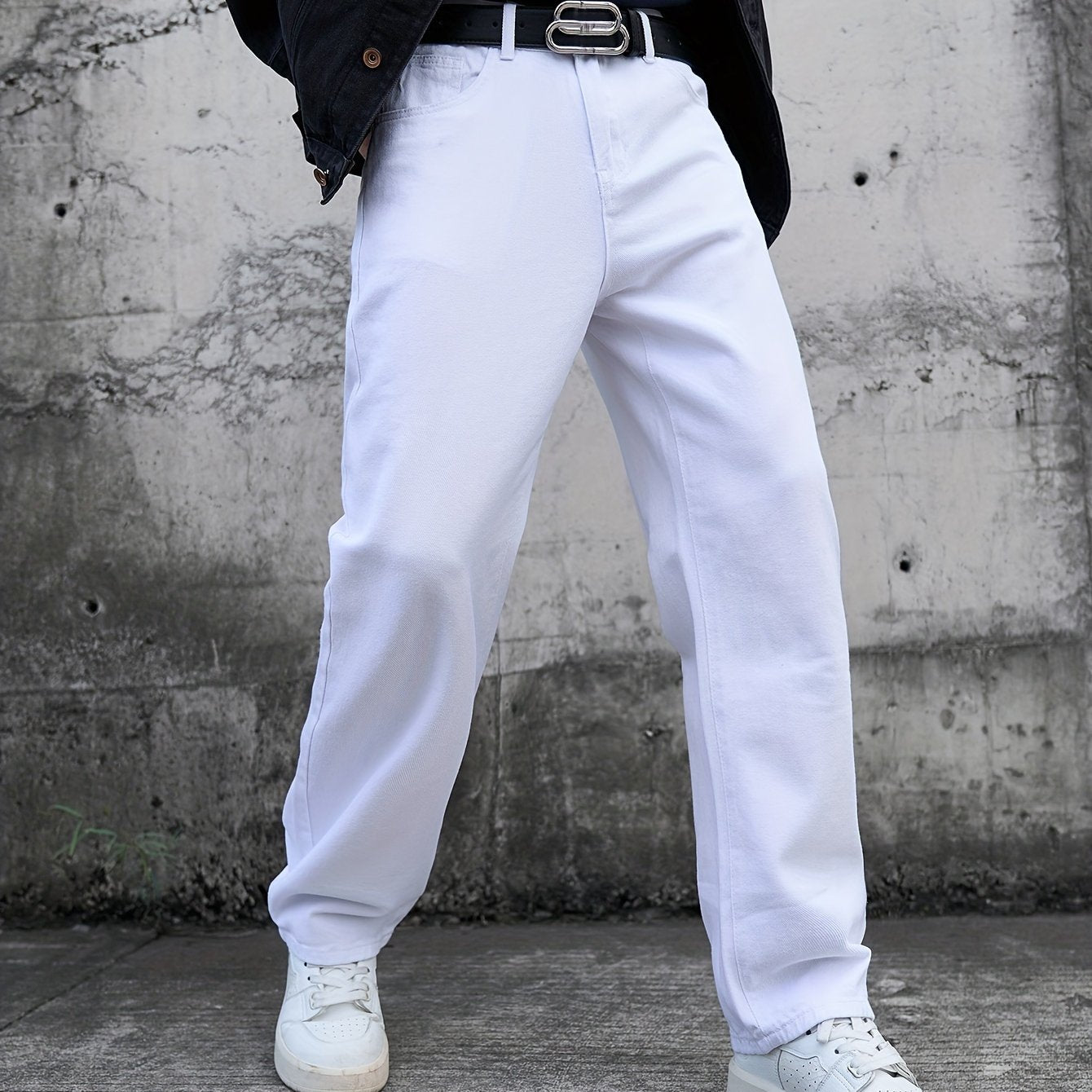 Men's Casual White Jeans - Loose Fit, Cotton, Machine Washable, Solid Color with Pockets, All-Season Wear