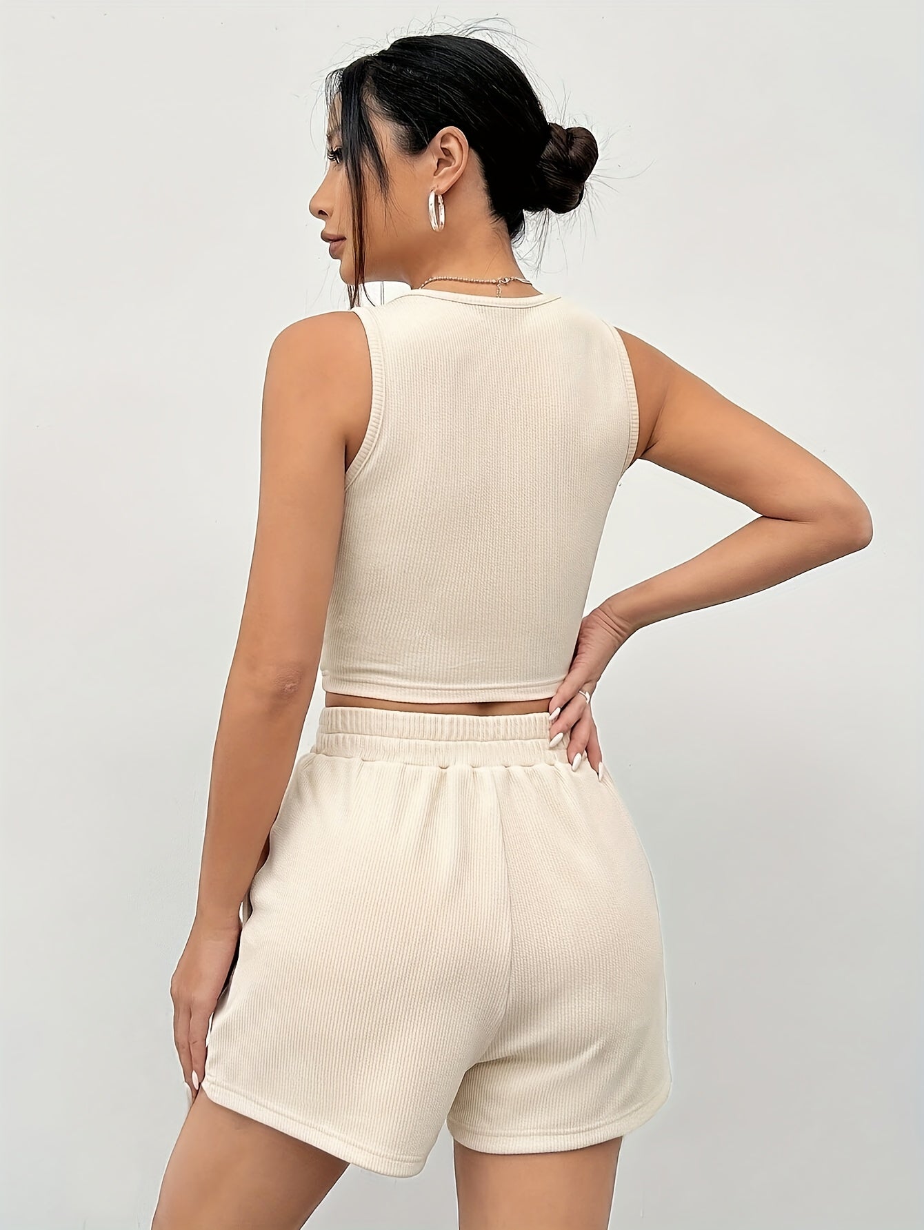 All-Season Chic, Elegant Women's Knit Tank Top and Shorts Set, Solid Color Polyester with Elastane, Machine Washable