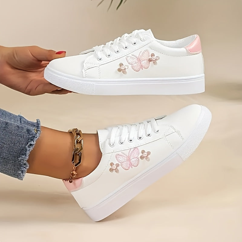 Ladies Butterfly Casual Sports Shoes, White Low-Top Lace-Up, Colorful Butterfly Pattern, Round Toe, Synthetic Upper, Plastic Sole, Non-Woven Fabric Insole and Inner Material, with Hand Wash or Professional Dry Clean Operation
