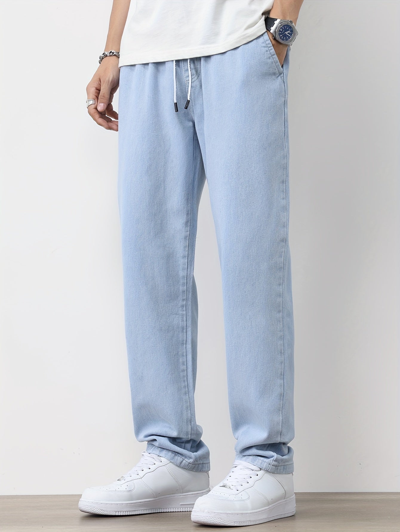 Men's Solid Washed Denim Trousers With Pockets, Causal Drawstring Cotton Blend Barrel Jeans For Outdoor Activities