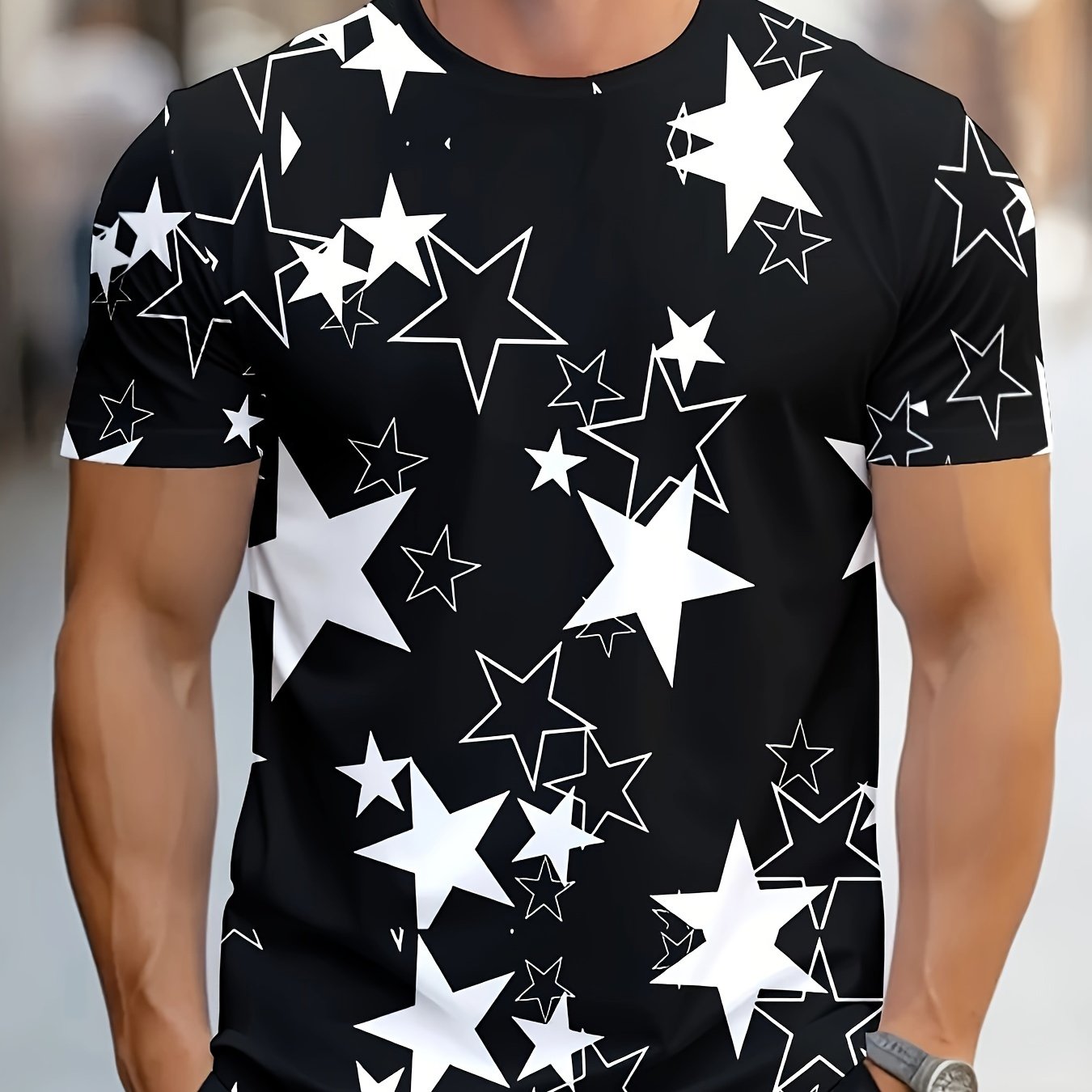 Men's Allover Color Blocking Stars Pattern Short Sleeve Crew Neck T-shirt For Summer, Casual Stylish Tee As Gift