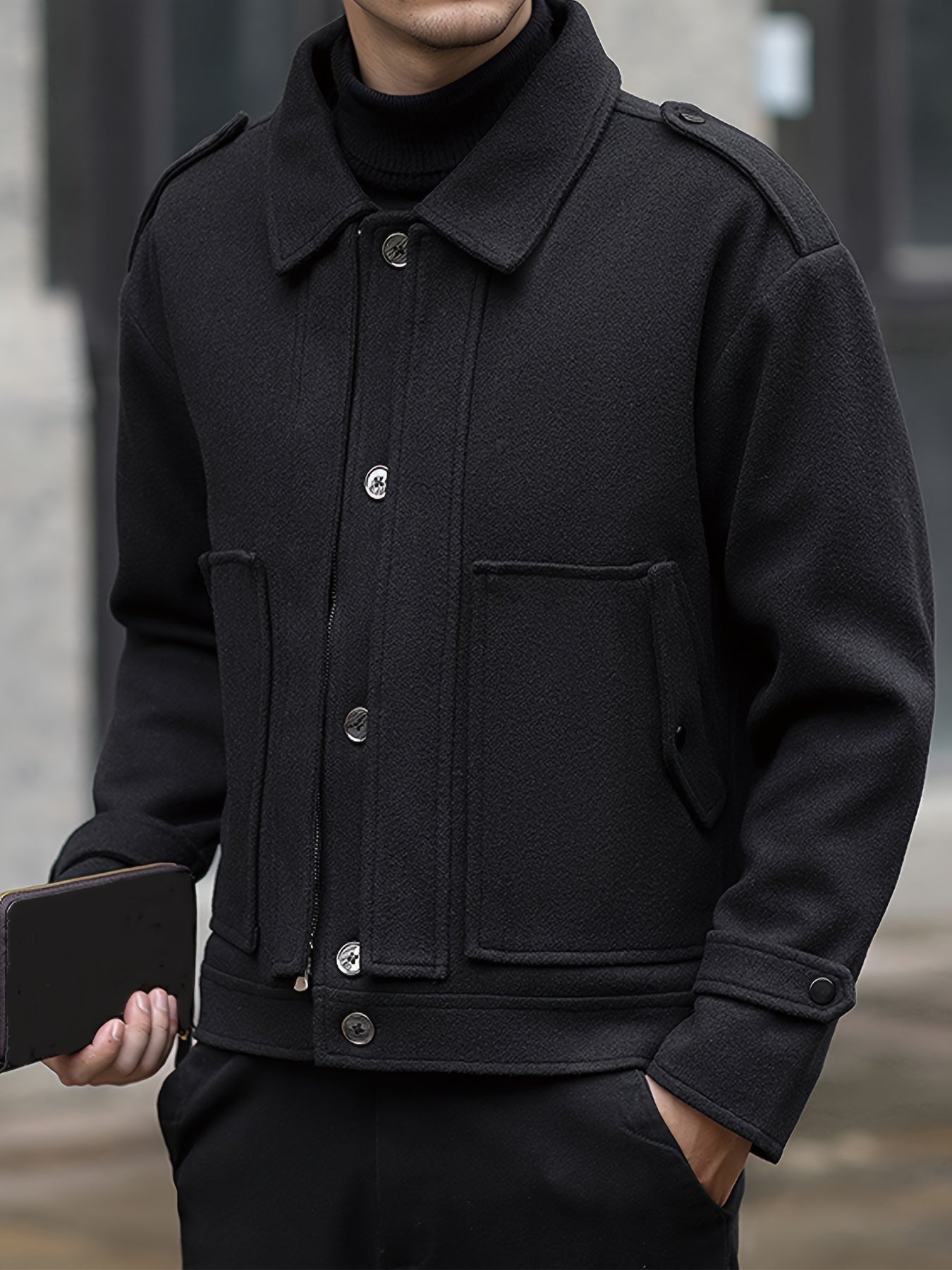 Men's Stylish Autumn/Winter Warm Polyester Casual Jacket with Lapel Collar, Zipper Closure, and Pockets - 100% Polyester Solid Color Loose Fit Coat
