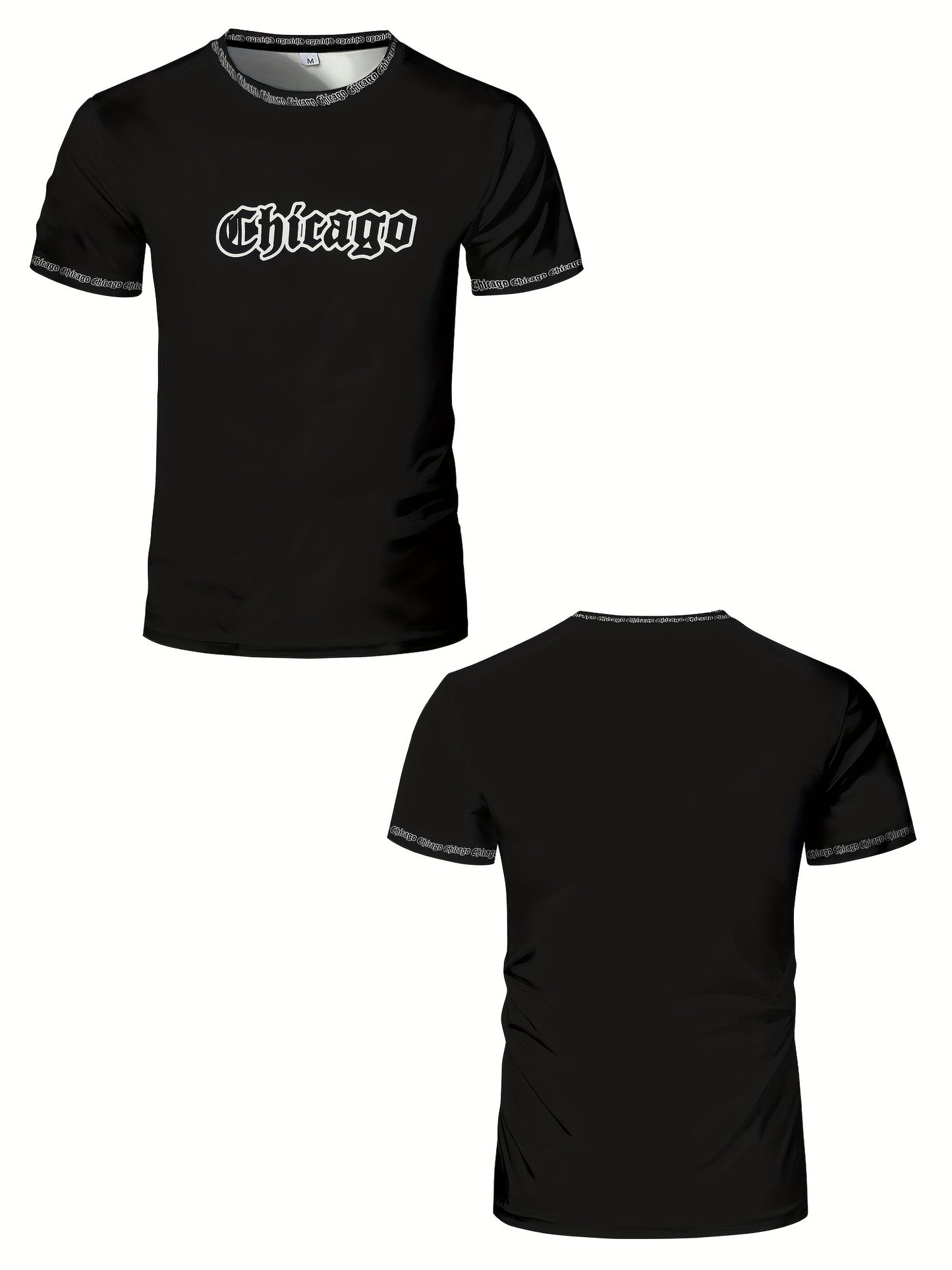 Men'S Chicago Print T-Shirt, Polyester-Spandex Blend, Crew Neck, Short Sleeve, Geometric Pattern, High Stretch, Tear Resistant, Sports Casual Style, Summer Fit Top for Training, Yoga, Hiking Festive Occasions