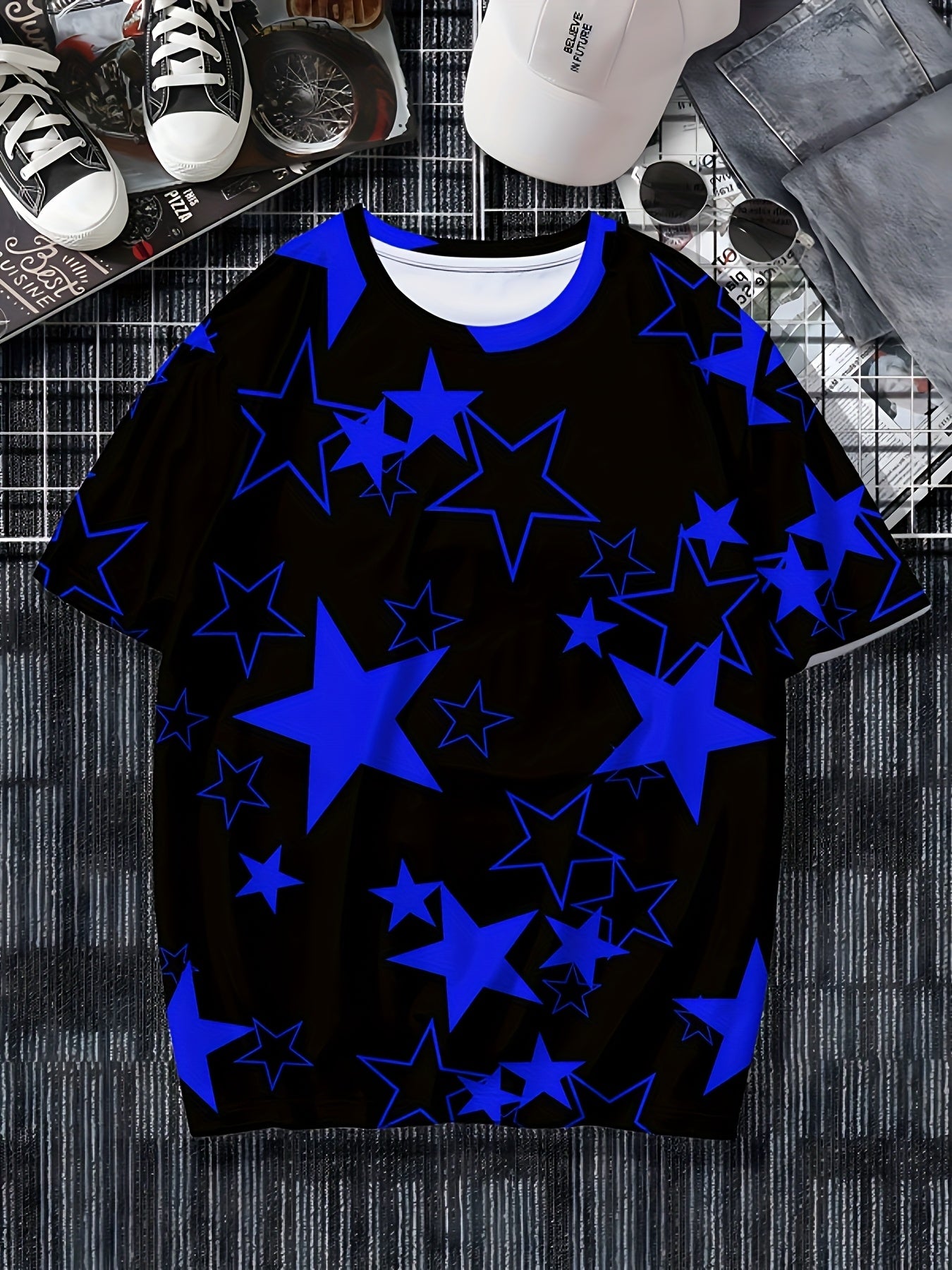 Men's Allover Color Blocking Stars Pattern Short Sleeve Crew Neck T-shirt For Summer, Casual Stylish Tee As Gift