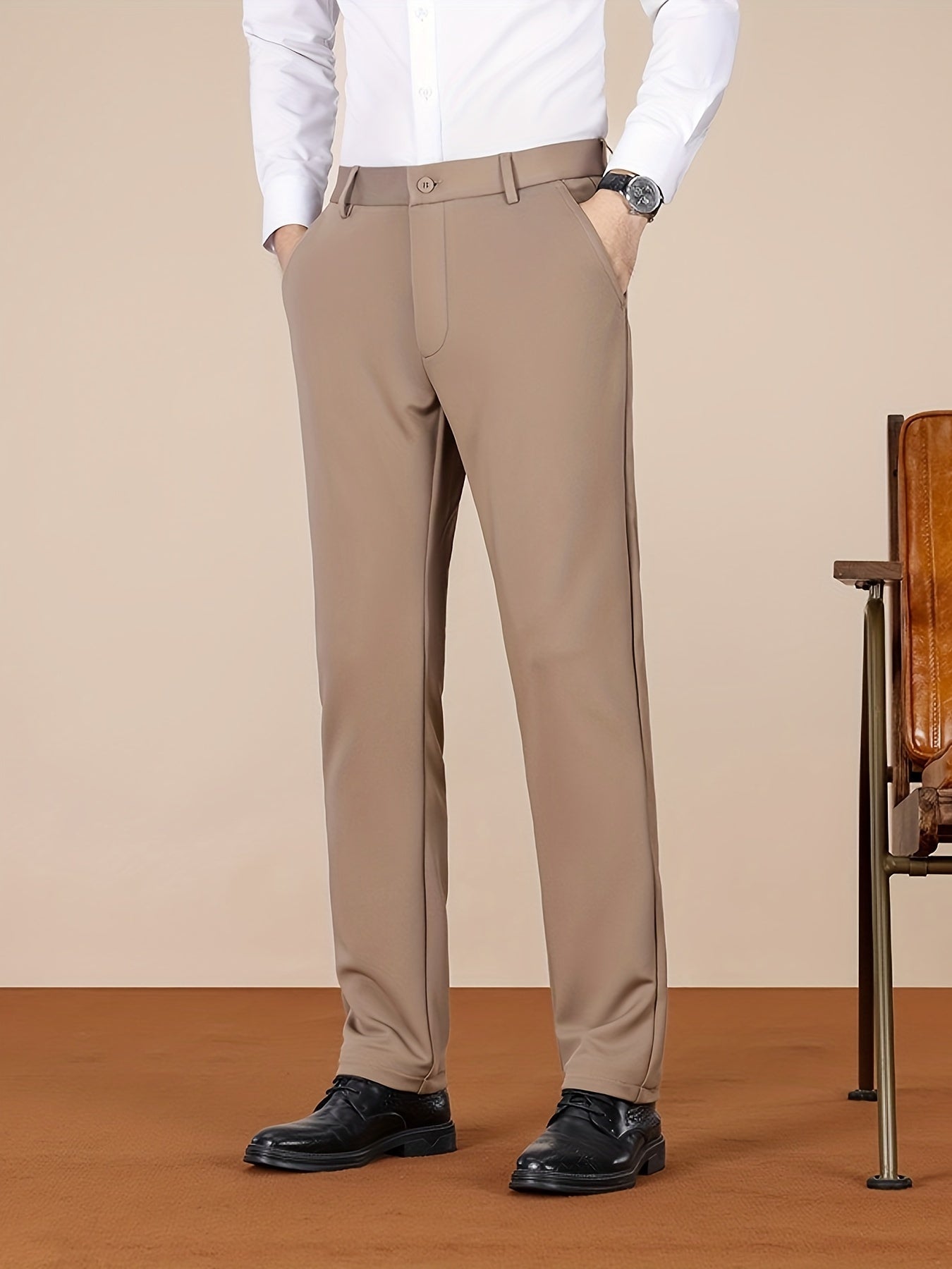 Men's Casual Pants, Autumn Polyester Blend, Regular Fit, Solid Color, Button Detail, Slim Fit, Standard Length, Men's Fashion, Trousers for Men