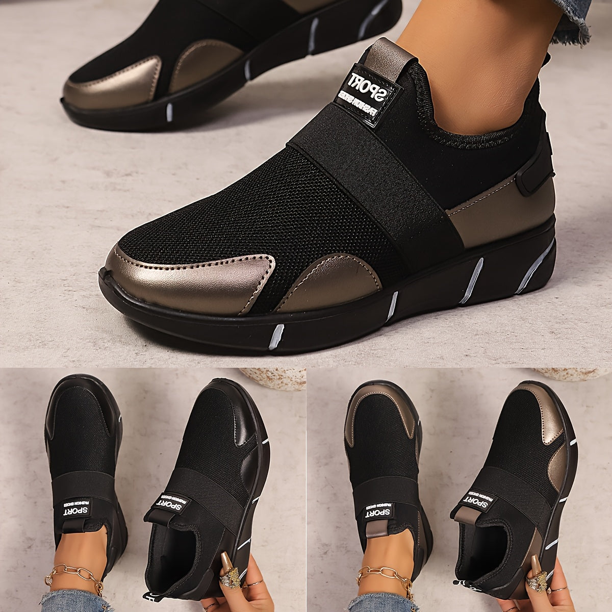 Women's Slip-On Sneakers - Lightweight Knit Upper, Breathable Design, Comfortable Casual Shoes with Strap, Black Golden Accents, Round Toe for All-Day Wear, Sporty Sneakers Round Toe Shoes Flexible Sole, Ladies Sneakers