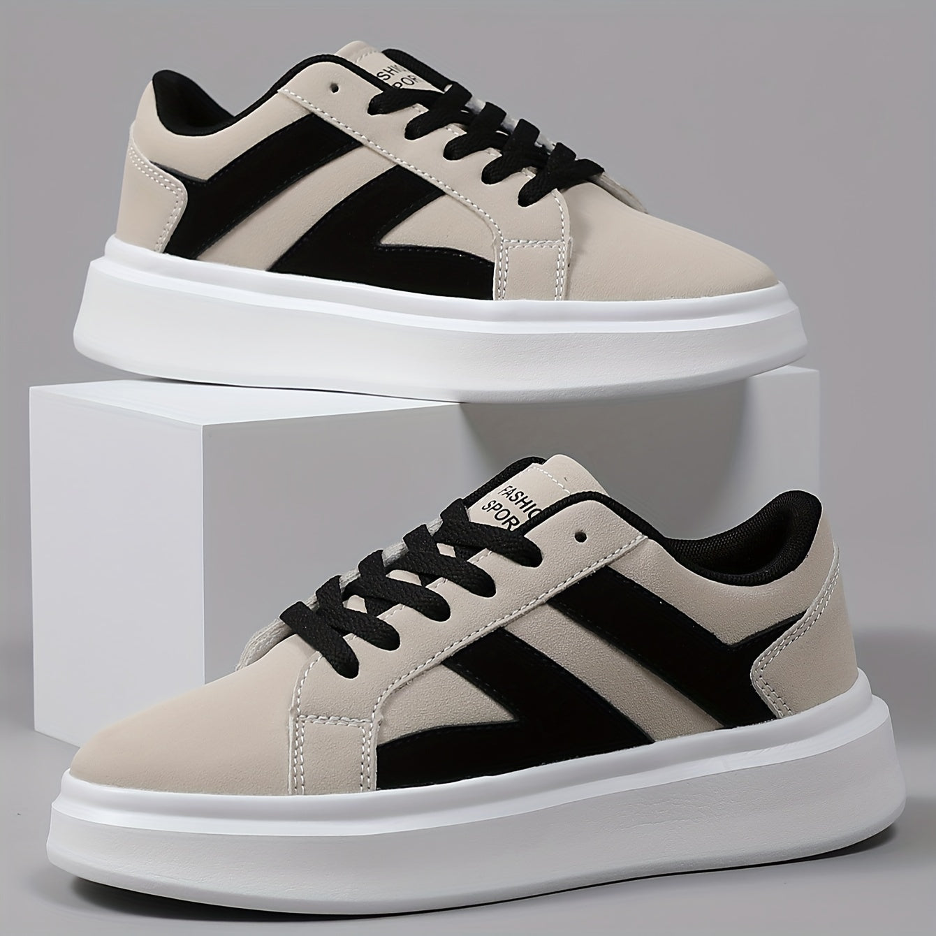 Men's Casual Athletic Sneakers - Comfortable Low-Top Lace-Up Shoes with Geometric Design, Black Beige, EVA Sole, Microfiber Upper for Casual Attire and Sports
