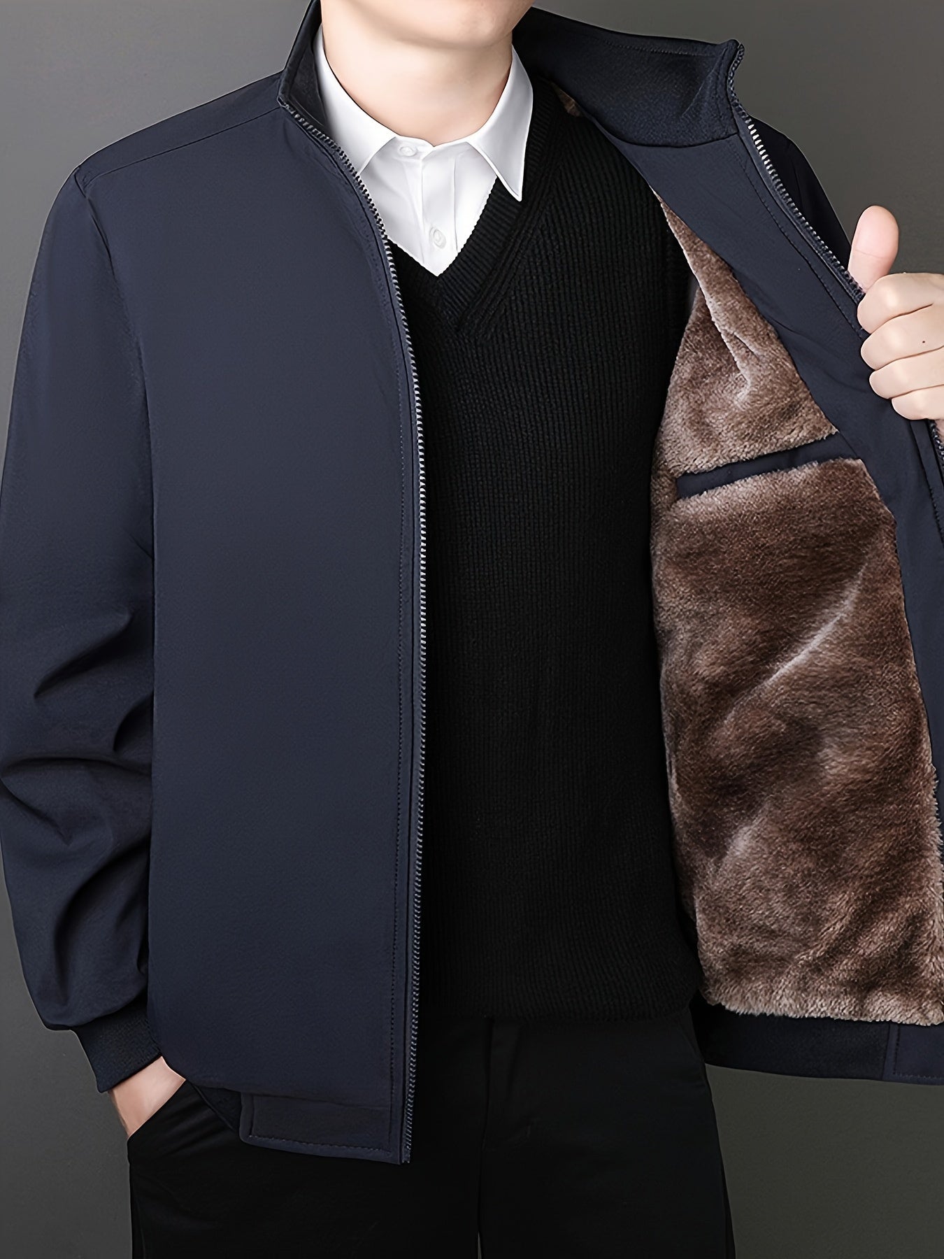 Men's Fleece-Lined Zip-Up Jacket - Casual Stand Collar, Outdoor Sports Coat with Pockets, Machine Washable