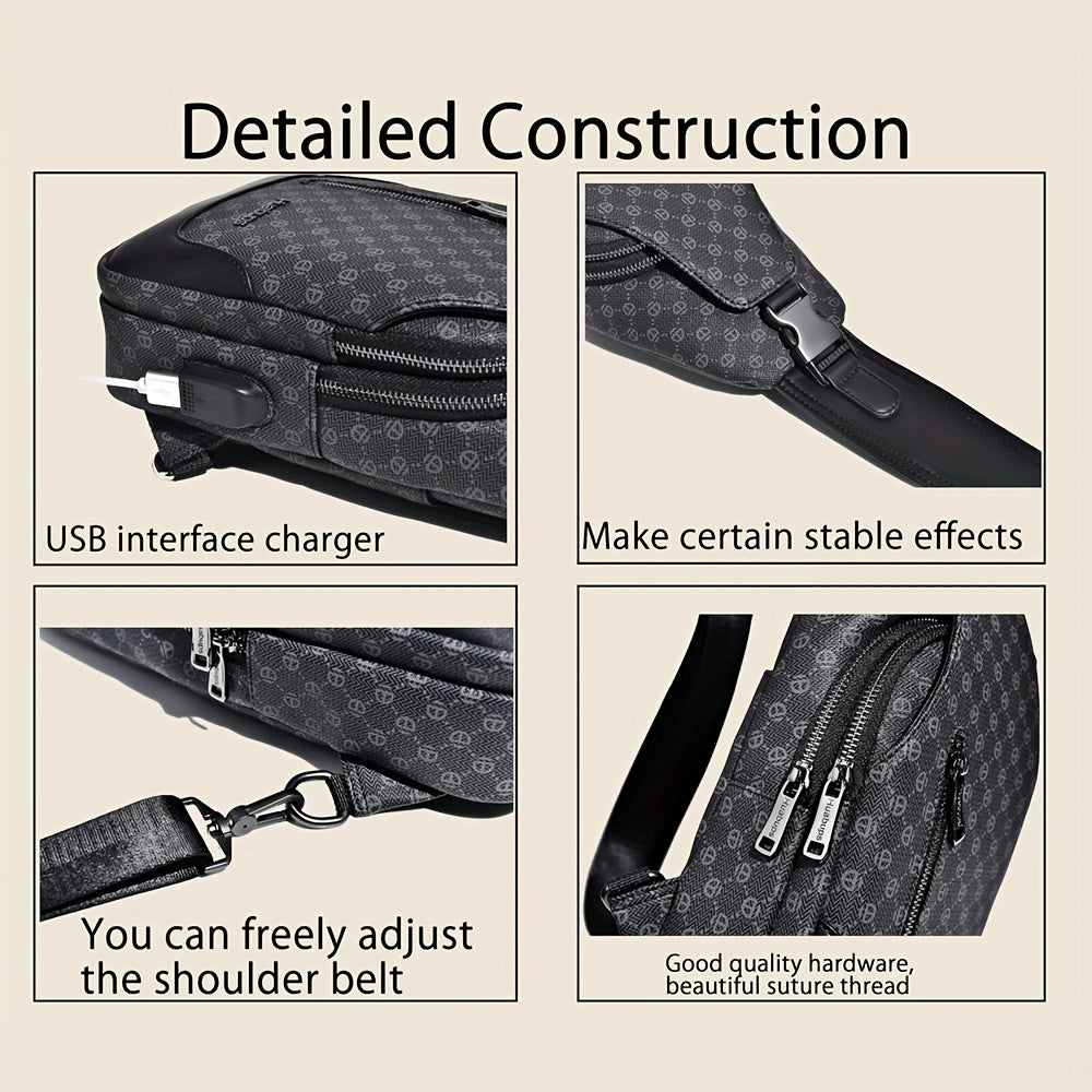 HUABUPS Men'S Crossbody Backpack - Black PVC Business Commuter Bag with USB Charging, Adjustable Strap, Multiple Compartments Durable Design for Travel, Hiking, Daily Use - Ideal Gift for Men, Hiking Gear, Stylish Accessory