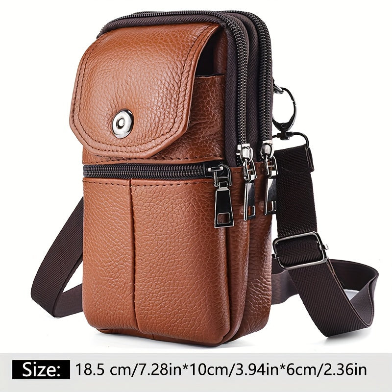 1pc Genuine Leather Cowhide Men's Waist Bag, Multi-Functional Zippered Phone Pouch with Adjustable Strap and Spacious Compartments for Work & Daily Use, Casual Style Top Layer Leather Fanny Pack
