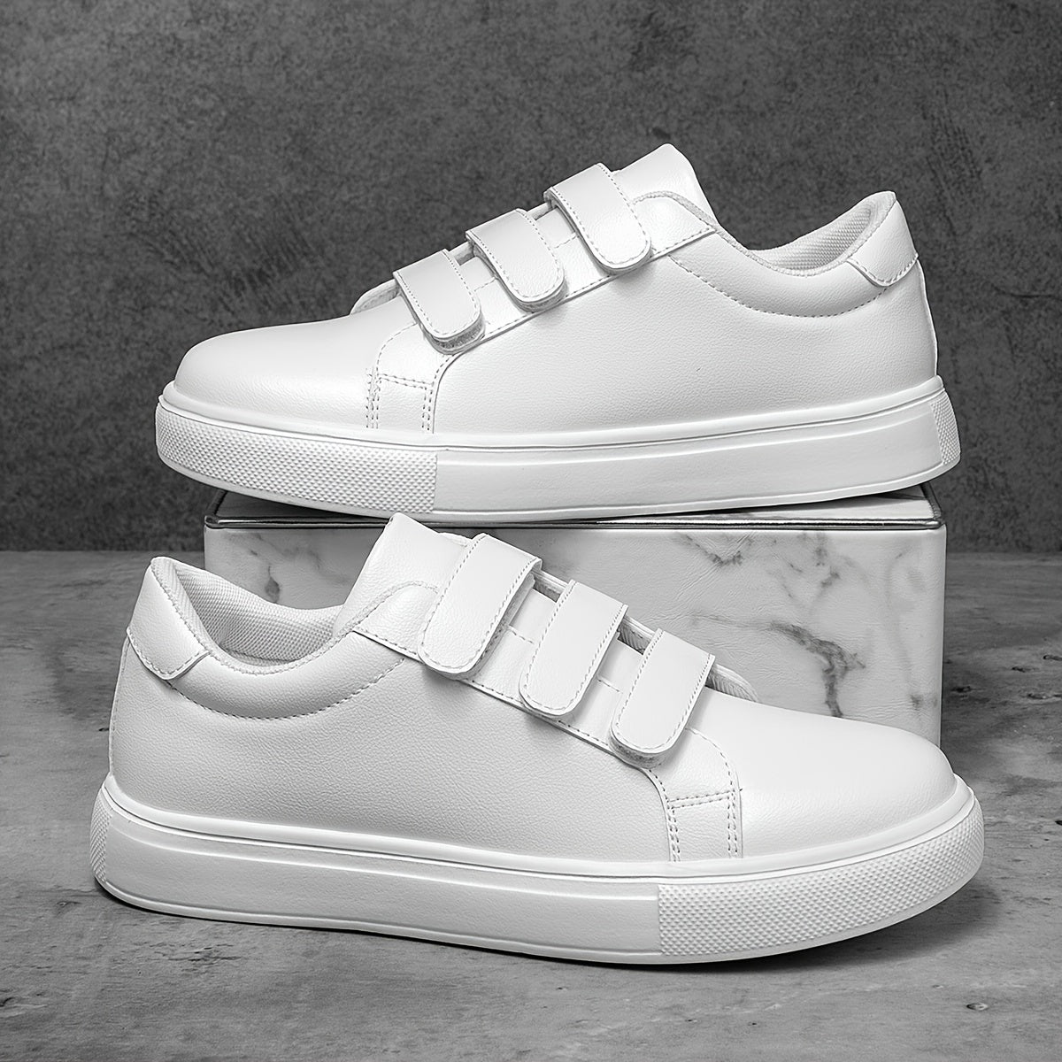 Men's Trendy White Skate Shoes with Hook-and-loop Fastener Closure, Lightweight & Comfortable Casual Sneakers for Casual Attire, Flat Sole, PU Upper, EVA Sole, Fabric Lining, Perfect for Running, Walking, and Street Style