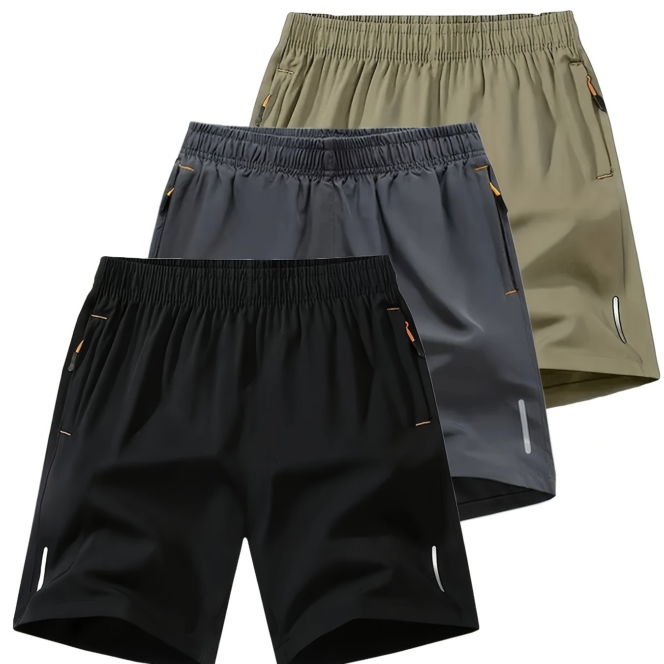 Three-pack Men's casual and fashionable breathable quick-drying shorts, with zipper pockets and drawstring, suitable for outdoor leisure sports