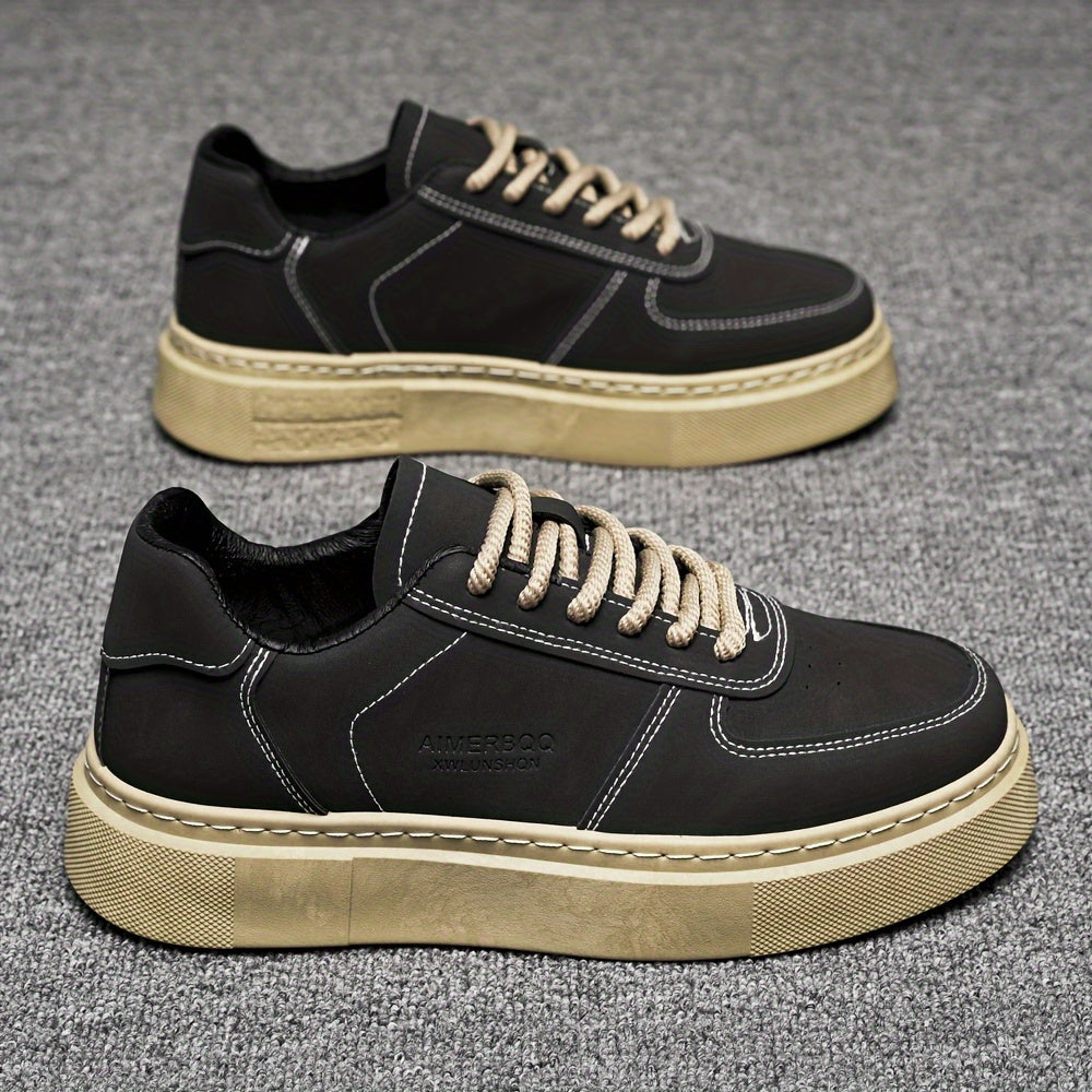 Men's Solid Colour Platform Skateboard Shoes, Comfy Non Slip Durable Lace Up Sneakers For Men's Outdoor Activities