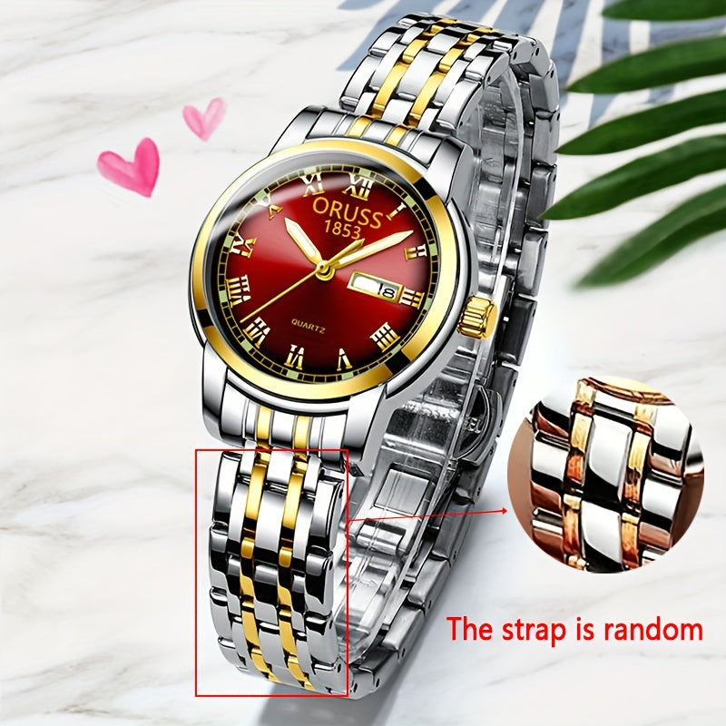 1pc Elegant Ladies' Quartz Wrist Watch, Luminous Dial, Classic Calendar, Roman Style, Stainless Steel Band, Alloy Case, Non, Non-Rechargeable Battery - Fashion Timepiece